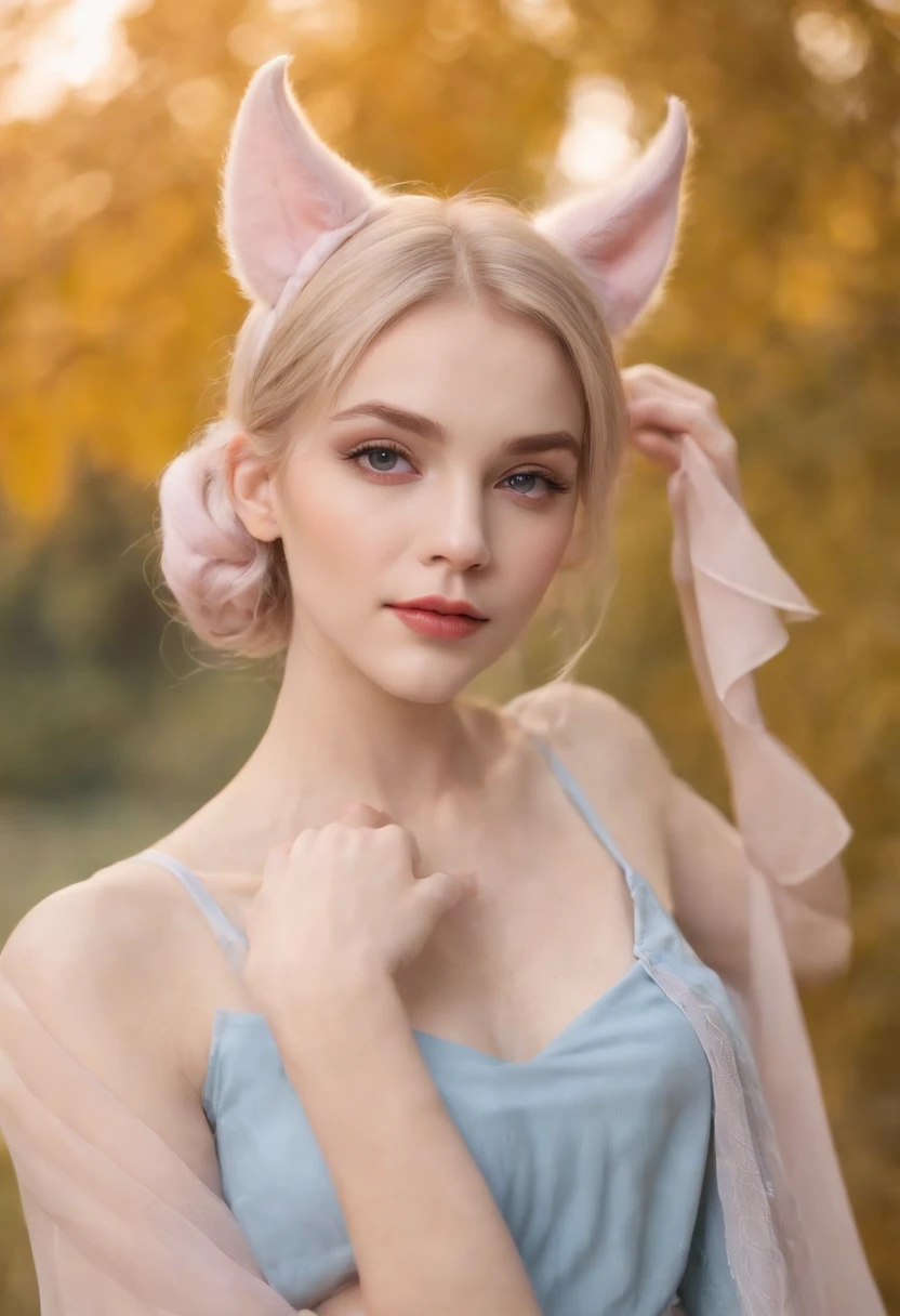 a beautiful masterpiece photo,upper body, real picture of a girl, She is half-bat, and has long bat ears, and a fluffy neck scarf, She has bat wings on her back The colors are pastel and muted,The color palette consists mostly of yellow, blue and pink, she has blonde hair with blue streaks styled in buns,she wears a short pleated skirt that is very fashionable,