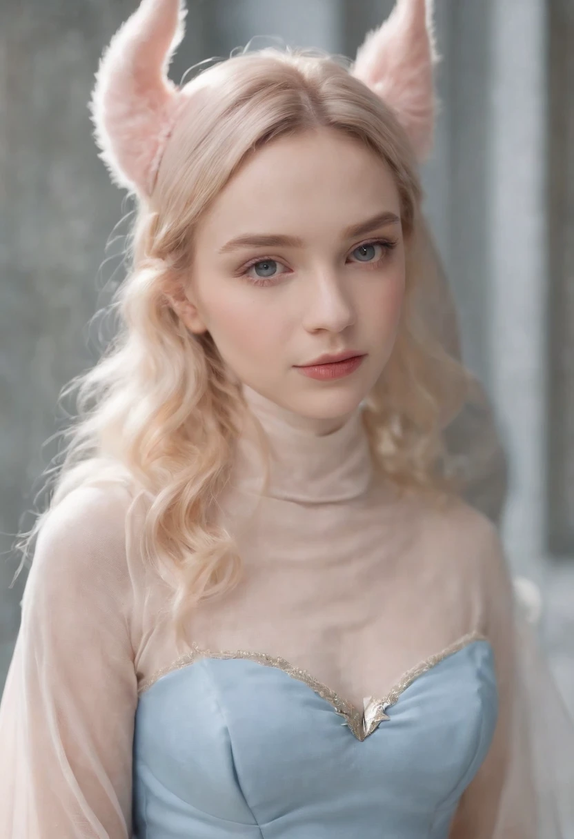 a beautiful masterpiece photo,upper body, real picture of a girl, She is half-bat, and has long bat ears, and a fluffy neck scarf, She has bat wings on her back The colors are pastel and muted,The color palette consists mostly of yellow, blue and pink, she has blonde hair with blue streaks styled in buns,she wears a short pleated skirt that is very fashionable,