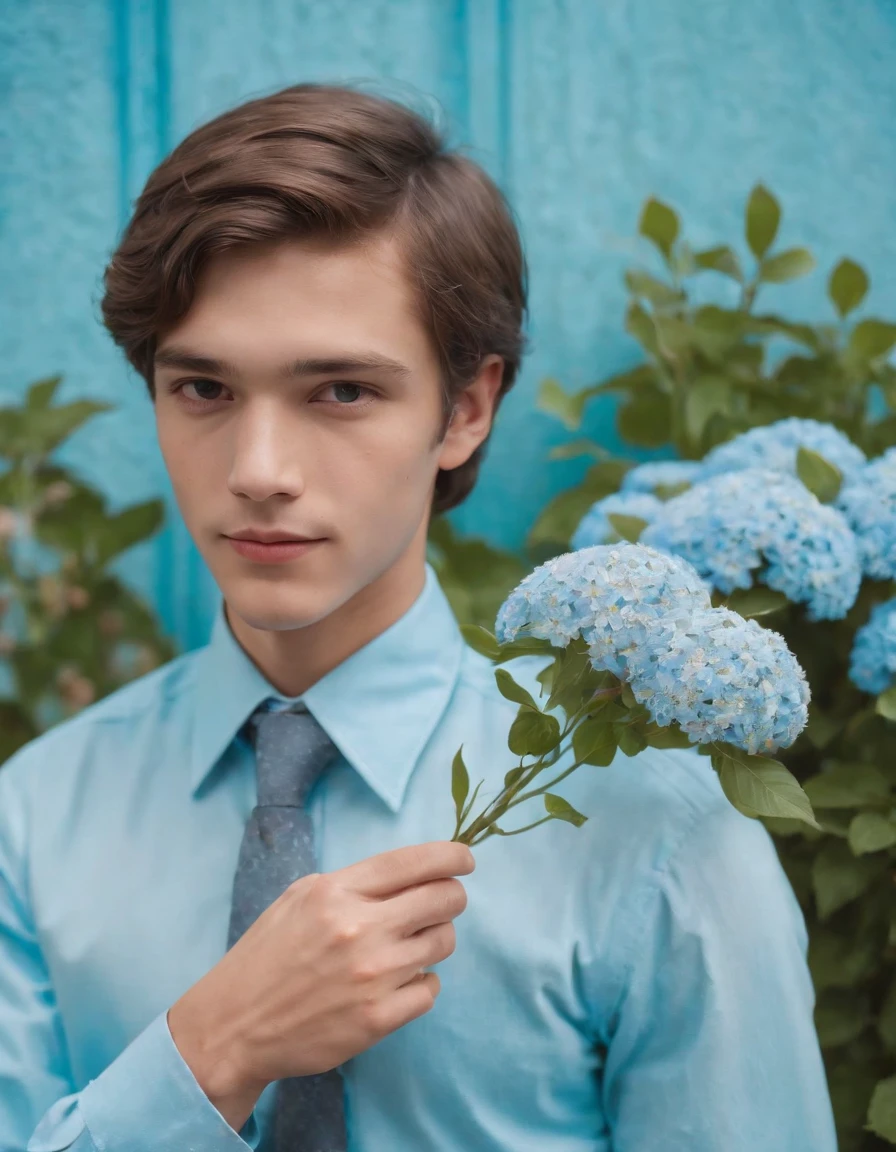 boy in a sky blue formal shirt, 70s style, holding a flower in his hand, romantic look, half length shot, front lighting, background with tapestry of tiny flowers, high quality photo