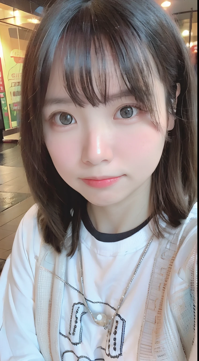 Best Quality, 24 year old,Raw photo, ssmile, Night, bobhair,Digital SLR, Looking at Viewer, a small face, Thin arms,chromatic abberation, (Eyes and faces with detailed:1.0), (Bokeh:1.1)