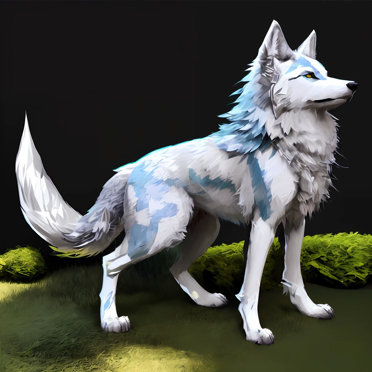 painting of a white wolf with blue eyes standing on a green surface, an anthropomorphic wolf, anthropomorphic wolf, stylized as a 3d render, female anthropomorphic wolf, anthropomorphic wolf male, lineless, furry wolf, an anthro wolf, husky in shiny armor, wolf fursona, a white wolf