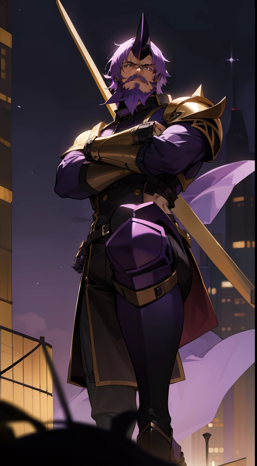 1man, purple beard,30s,black horn,solo,muscle,purple hair,short hair, templar golden knight outfit,,serious face,black long boots,night