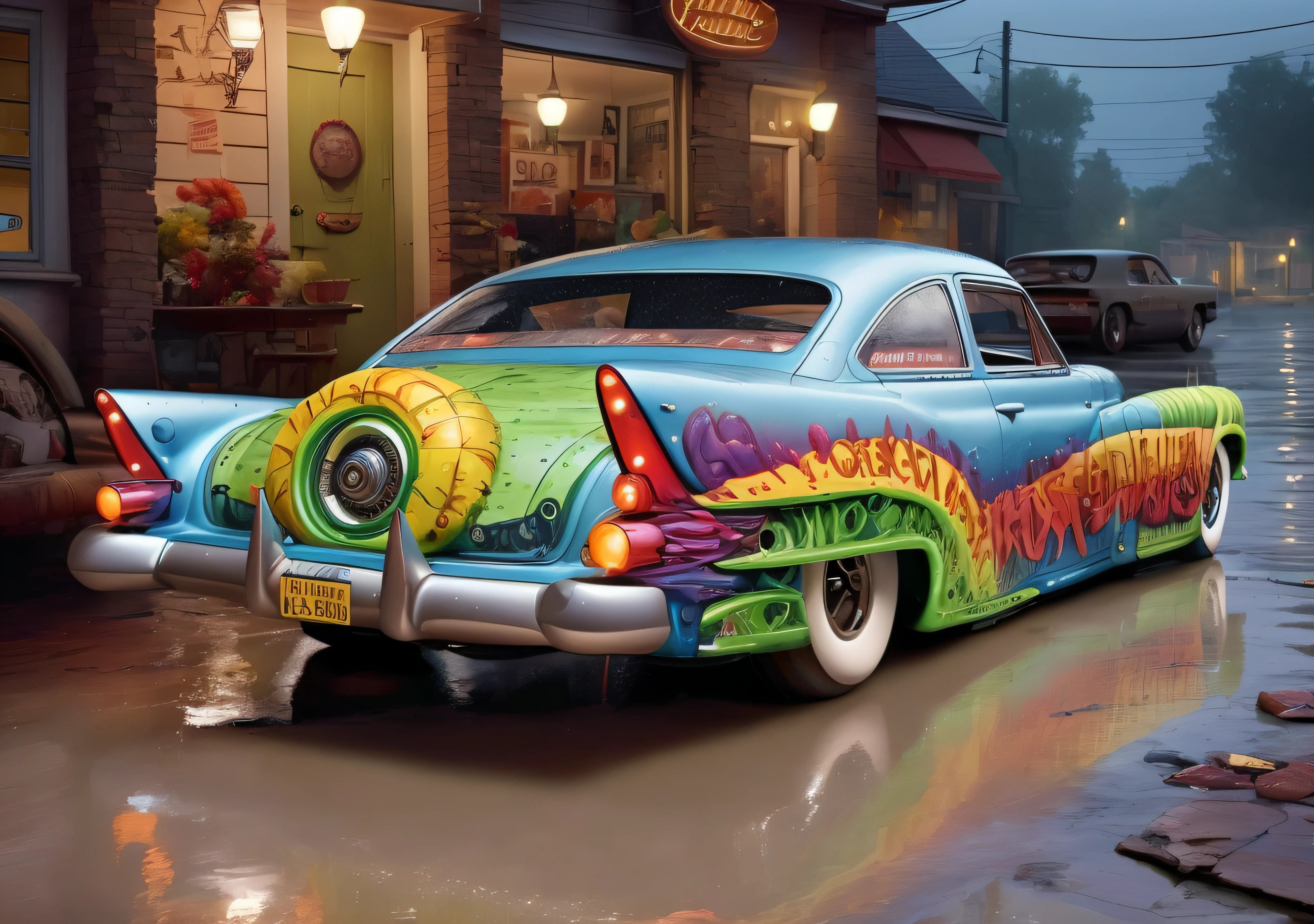 a car parked on a wet surface with its lights on and the rear end of the car showing the rear end, Ed Roth, matte finish, a jigsaw puzzle, fantastic realism