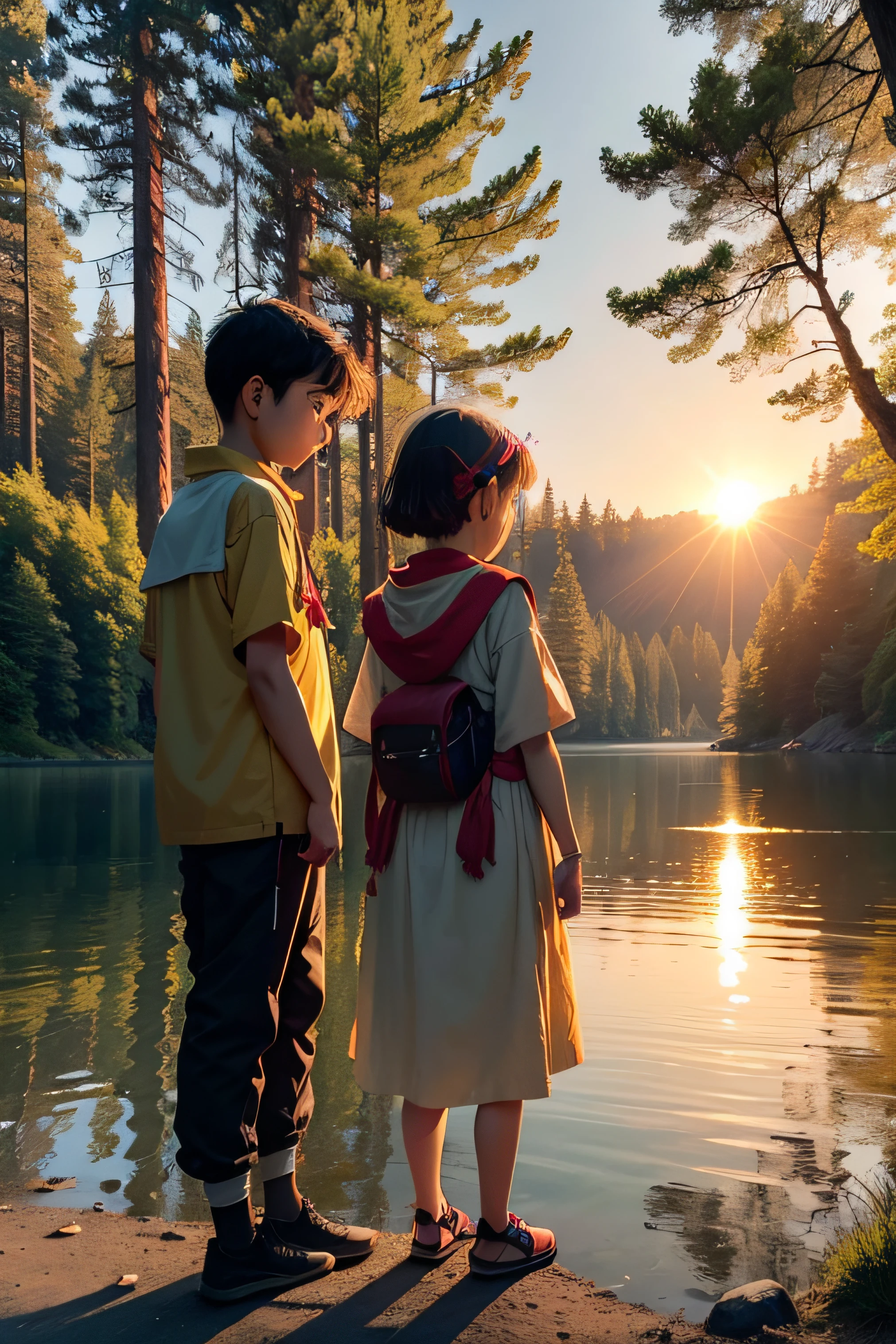 a boy and a girl, , are standing on the shore of the lake, the surroundings are forest, the morning sun is rising behind the trees, an old amulet glitters in the lake in the morning sun, the amulet is golden in color with a red eye