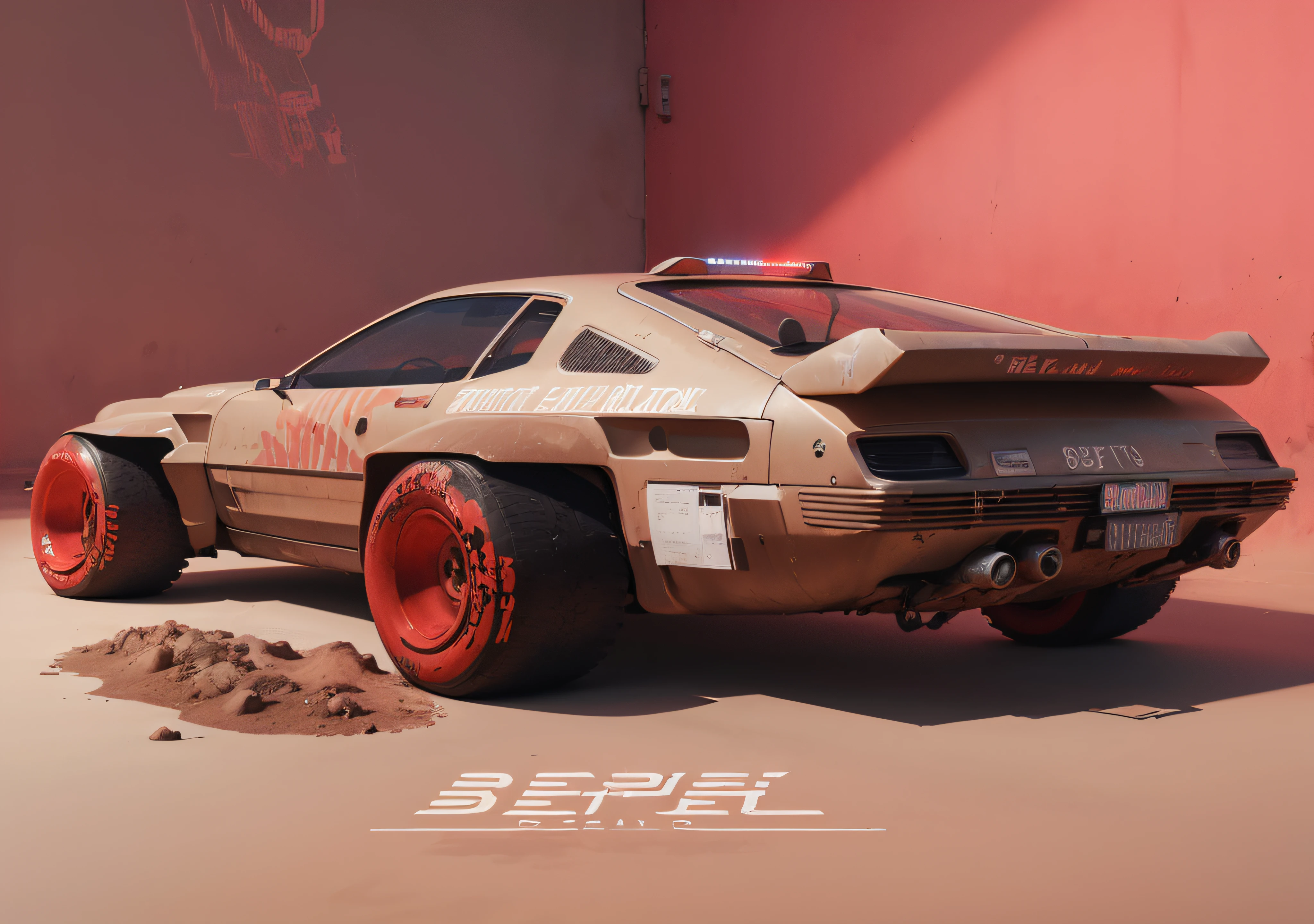 a sandy-brown car with a falu-red tire and some writing on it's side , Beeple, cyberpunk style, cyberpunk art, photorealism , high-tech, concept car