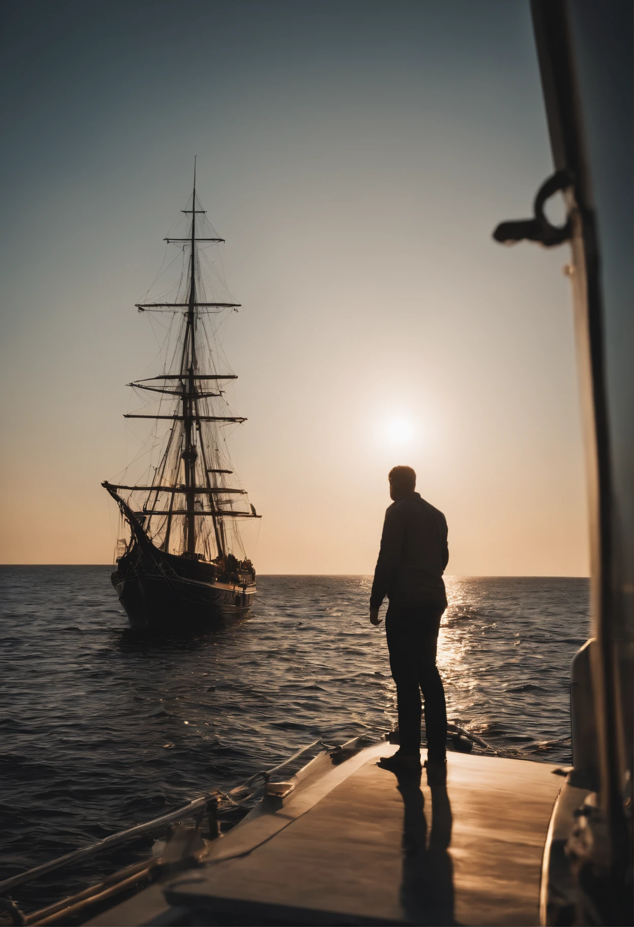 dingdall effect,A ship on the sea,Lone sailor standing on the ship,A person listens to music,enjoying life,Heaven to heaven,eye closeds,ssmile,Full of hope for life,gentlesunlight,Extreme light and shadow,Extreme light chasing,4k,1 man,blond hairbl,Have a beard,Smoking,Ultra-realistic people,Extreme skin,Extremely reflected light,unity,Poster-level photos