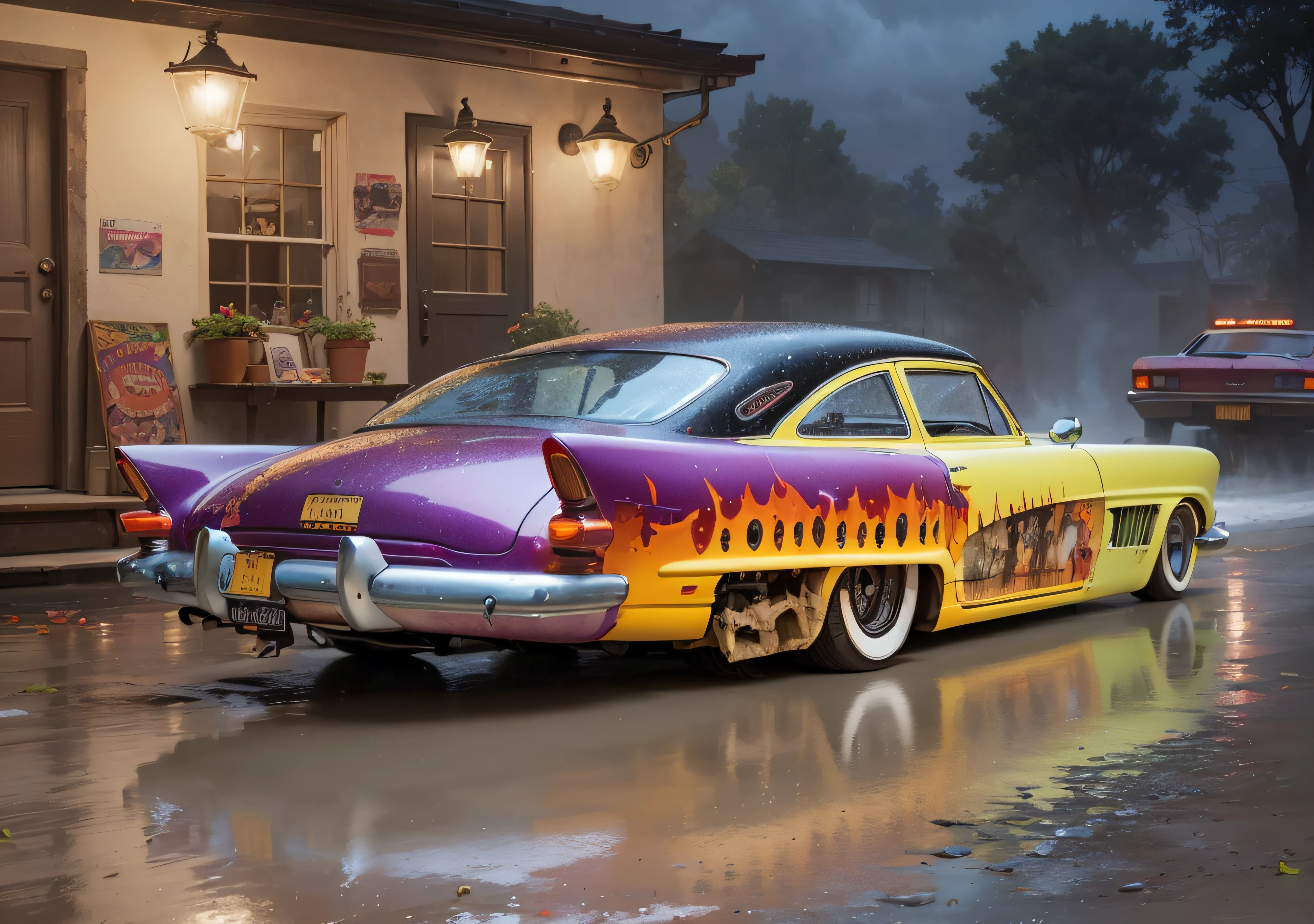 a car parked on a wet surface with its lights on and the rear end of the car showing the rear end, Ed Roth, matte finish, a jigsaw puzzle, fantastic realism