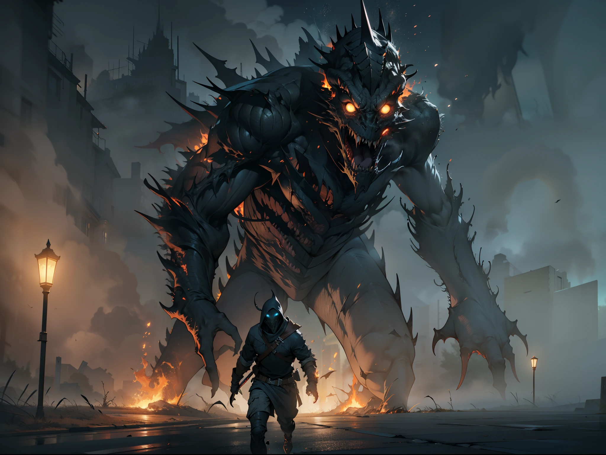 A monster in still standing pose with attitude, powerful, horror monster, realistic, fog everywhere, sword monster, night light shadow, chaotic moments, fire fog everywhere, peoples running to save their lives from the monsters, 8K UHD, octane rendered, AMD FidelityFX Super Resolution 3 effects, masterpiece collection.