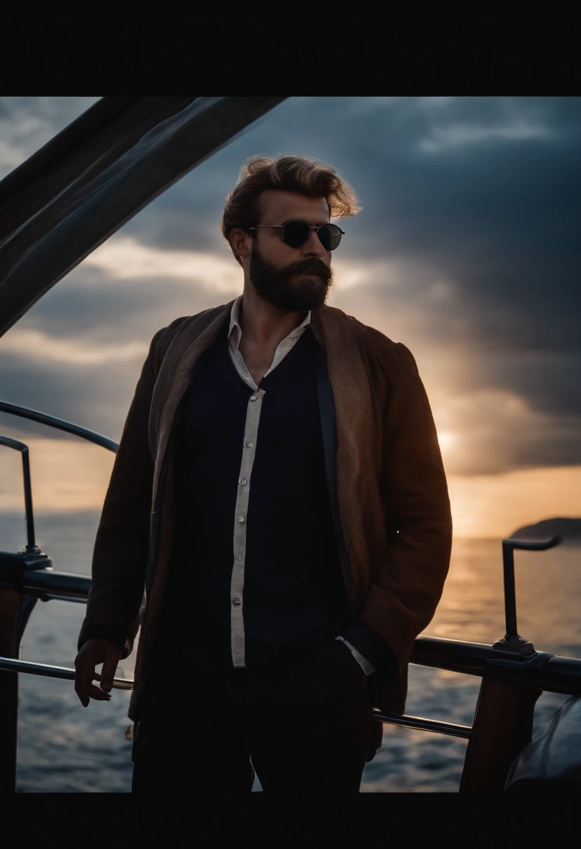 dingdall effect,A ship on the sea,Lone sailor standing on the ship,A person listens to music,enjoying life,Heaven to heaven,eye closeds,ssmile,Full of hope for life,gentlesunlight,Extreme light and shadow,Extreme light chasing,4k,1 man,blond hairbl,Have a beard,Smoking,Ultra-realistic people,Extreme skin,Extremely reflected light,unity,Poster-level photos