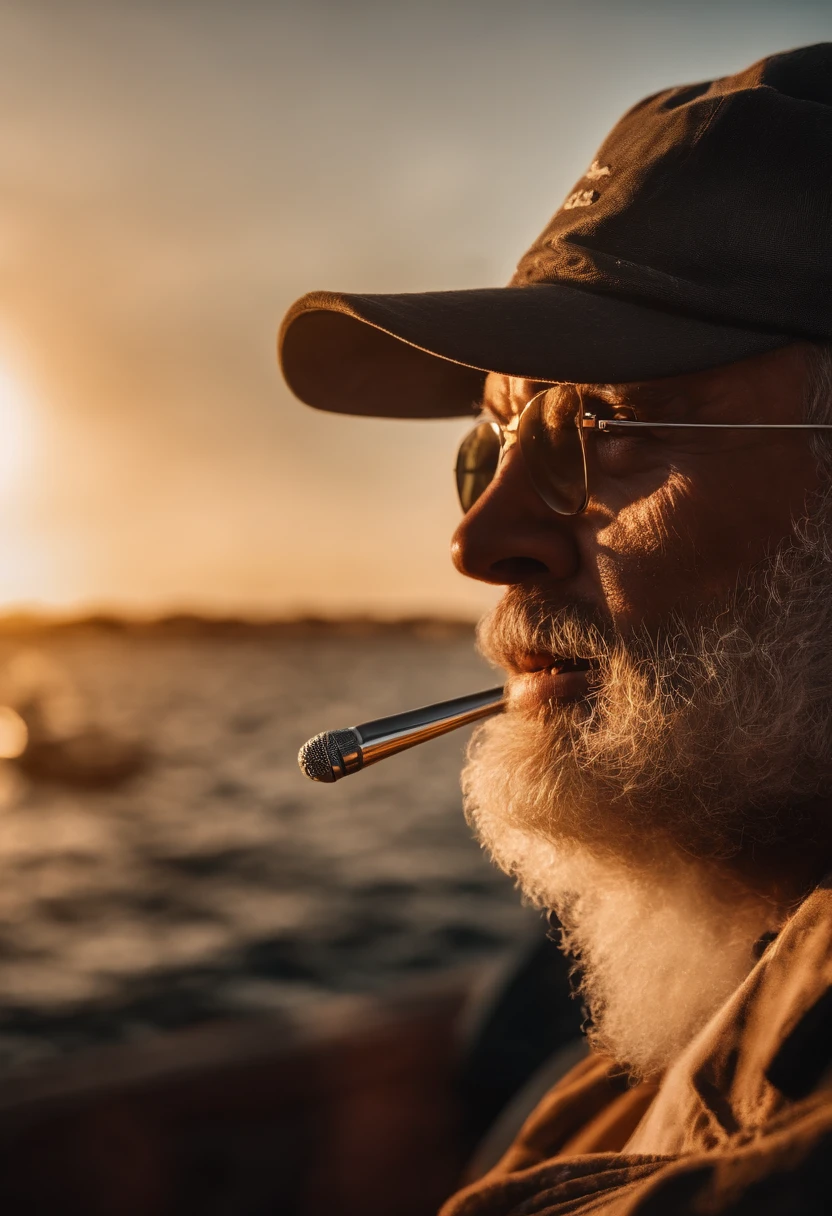dingdall effect,A ship on the sea,Lone sailor standing on the ship,A person listens to music,enjoying life,Heaven to heaven,eye closeds,ssmile,Full of hope for life,gentlesunlight,Extreme light and shadow,Extreme light chasing,4k,1 man,blond hairbl,Have a beard,Smoking,Ultra-realistic people,Extreme skin,Extremely reflected light,unity,Poster-level photos