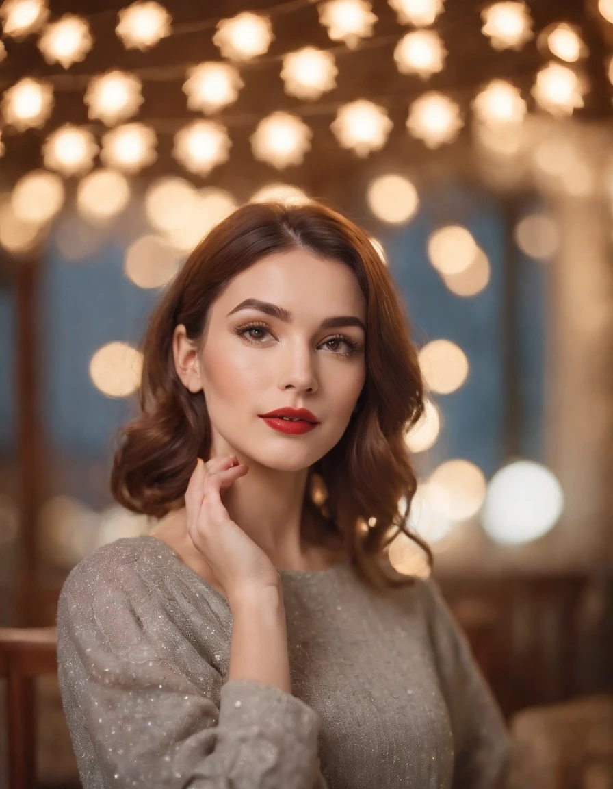 Woman dressed in retro style, New Year photo, New Year decorations behind her, holiday lights, lanterns, background lights, bokeh style, semi-long shot, high quality photo, (close-up)
