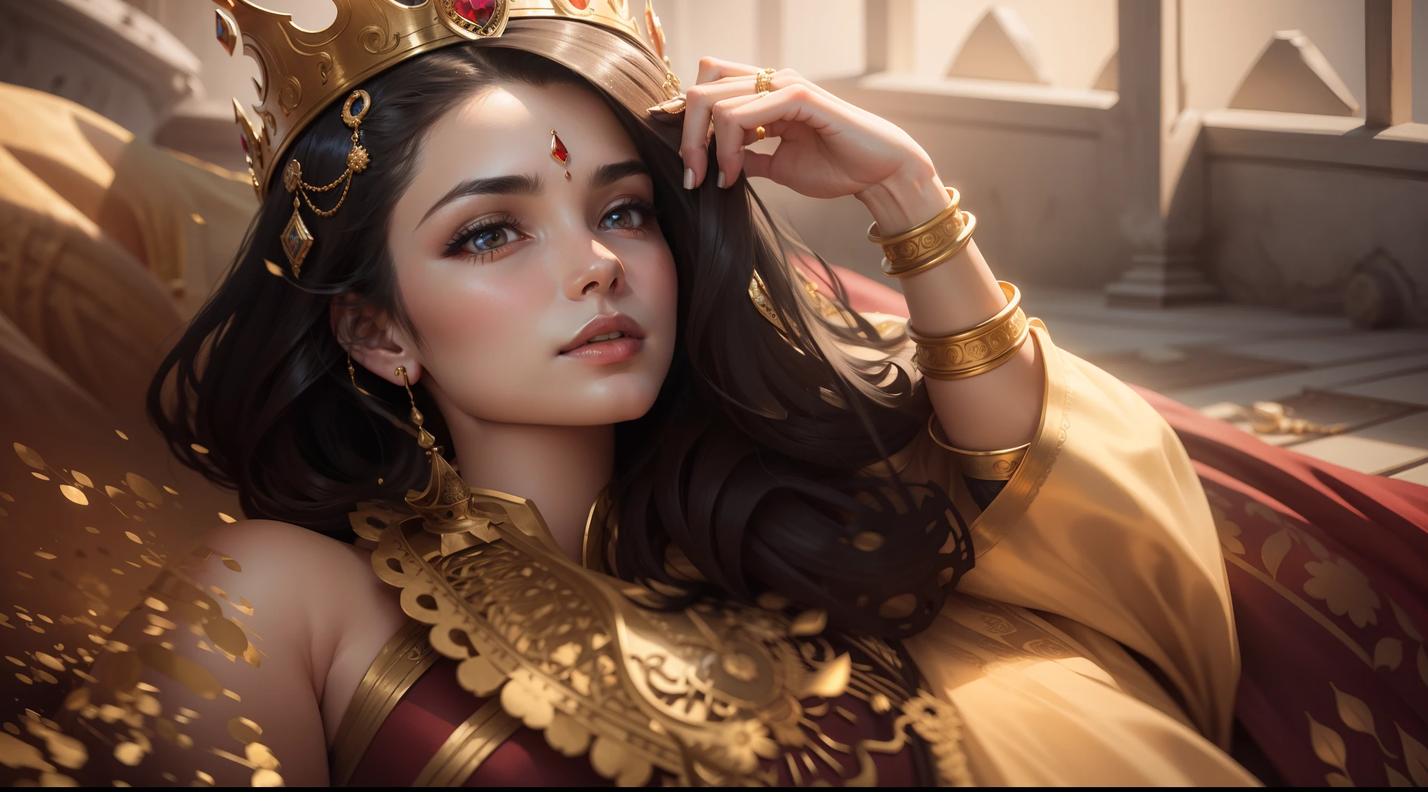 Regenerate image to a Queen in Mahal chair like mythology, crown on head