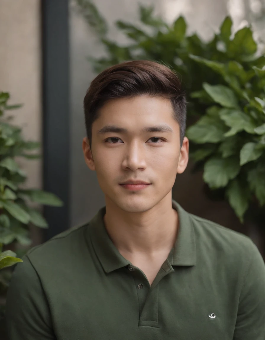 Film photos. 35mm photo, film, bokeh, professional, 4k, highly detailed, a man standing in front of some plants, (dark polo shirt), thin, contemporary realism portrait photography, genderless, sony alpha a7 iii, waves , folk portrait, asian man, shy, smiling, medium shot