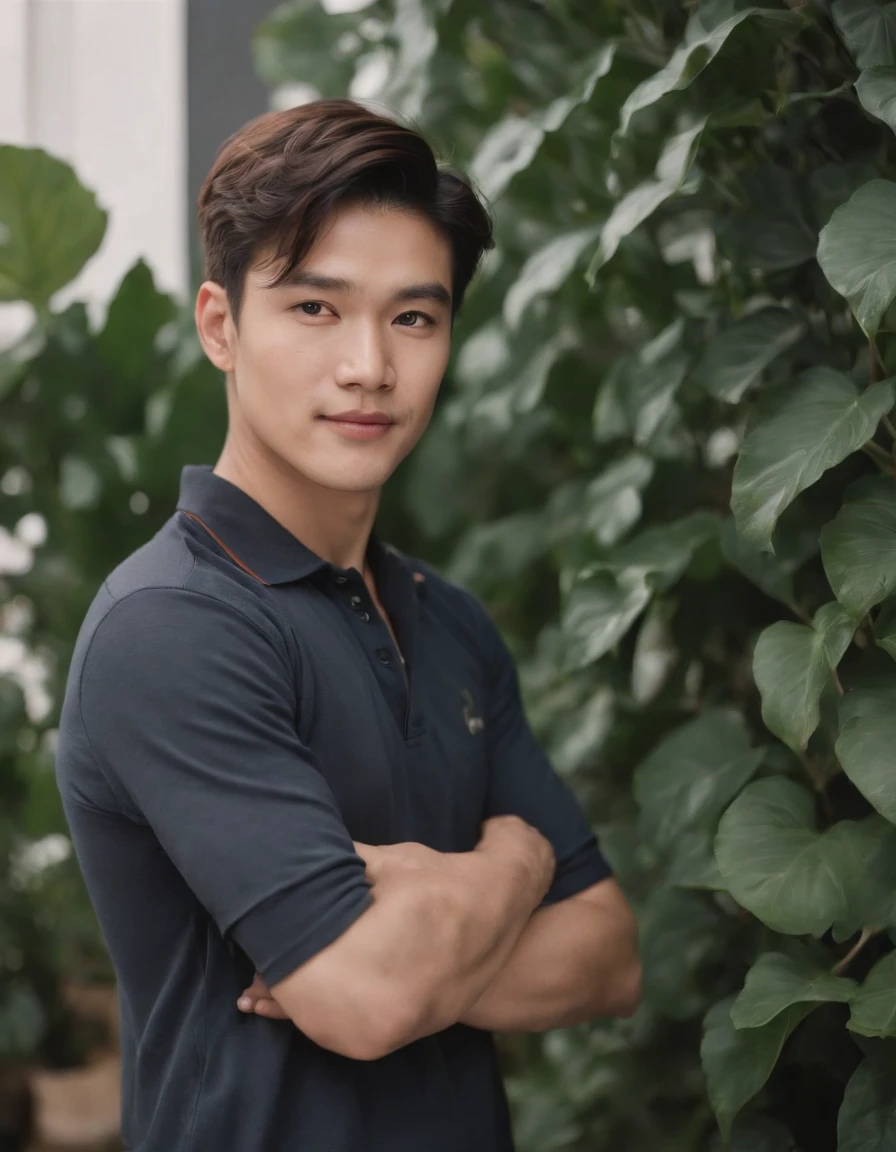Film photos. 35mm photo, film, bokeh, professional, 4k, highly detailed, a man standing in front of some plants, (dark polo shirt), thin, contemporary realism portrait photography, genderless, sony alpha a7 iii, waves , folk portrait, asian man, shy, smiling, medium shot