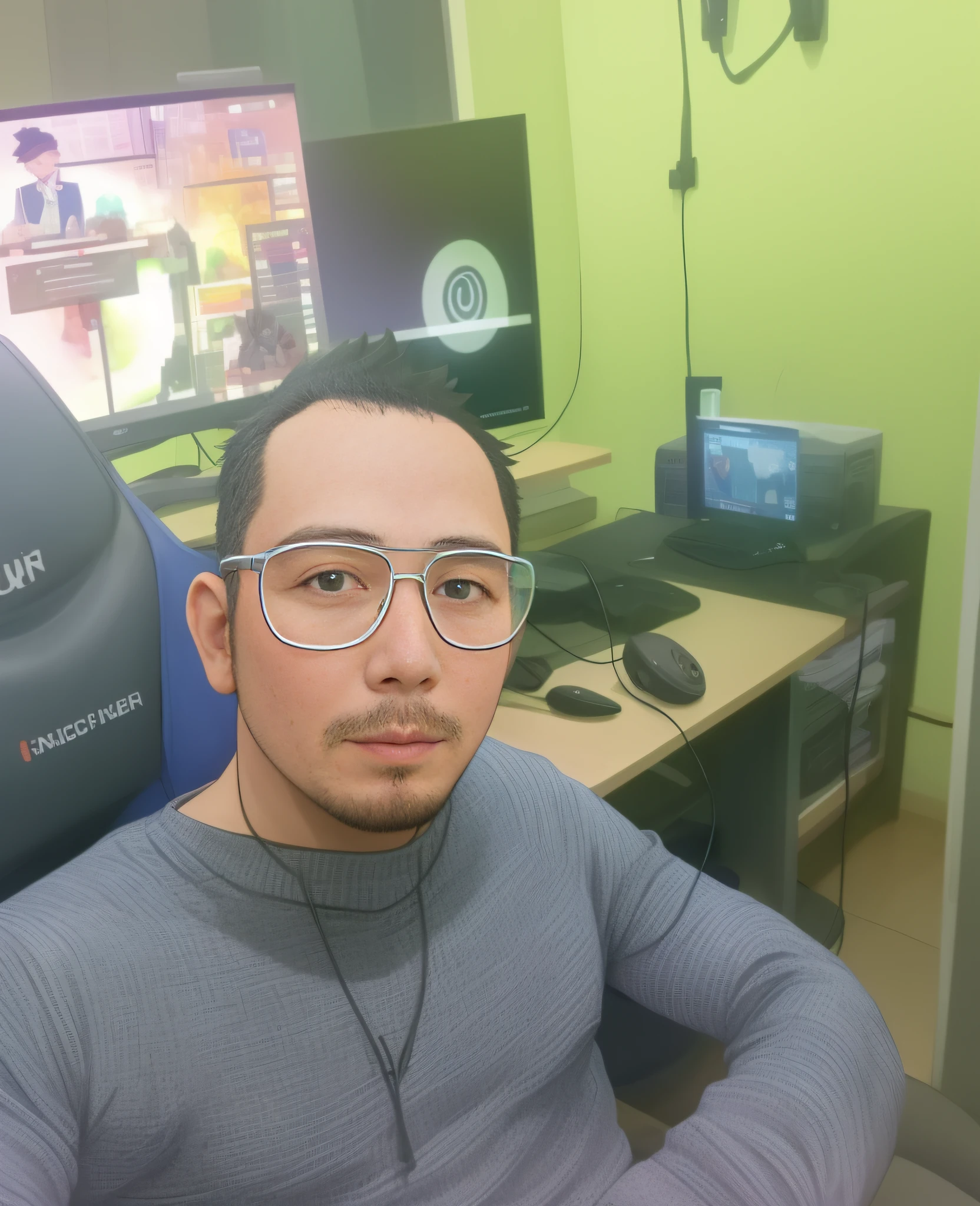 there is a Vietnamese man sitting in a chair with a computer monitor, twitch streamer / gamer ludwig, profile picture 1024px, with head phones, transparent glasses, yanjun chengt, !!wearing modern glasses!!, #oc, # oc, /r/razer, low quality photo, wearing transparent glass mask, professional profile picture, happy face