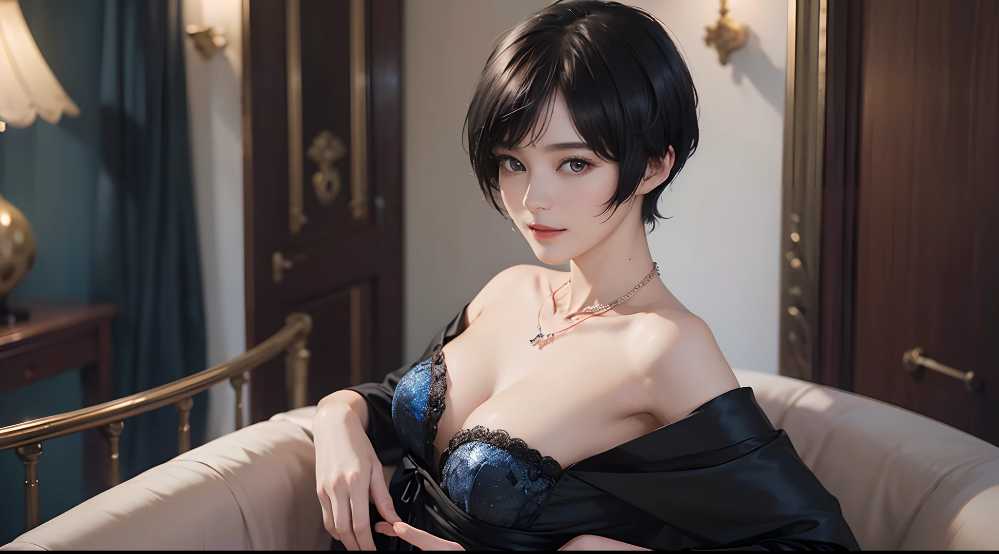 ((1womanl)), (((Black-short-hair))), (masuter piece:1,2)、top-quality、masterpiece、hight resolution、Original、highly detailed wallpaper、dress code、Luxurious necklace, A slight smil、a small face、(breast)、(Red or blue dresses)、Live-action style