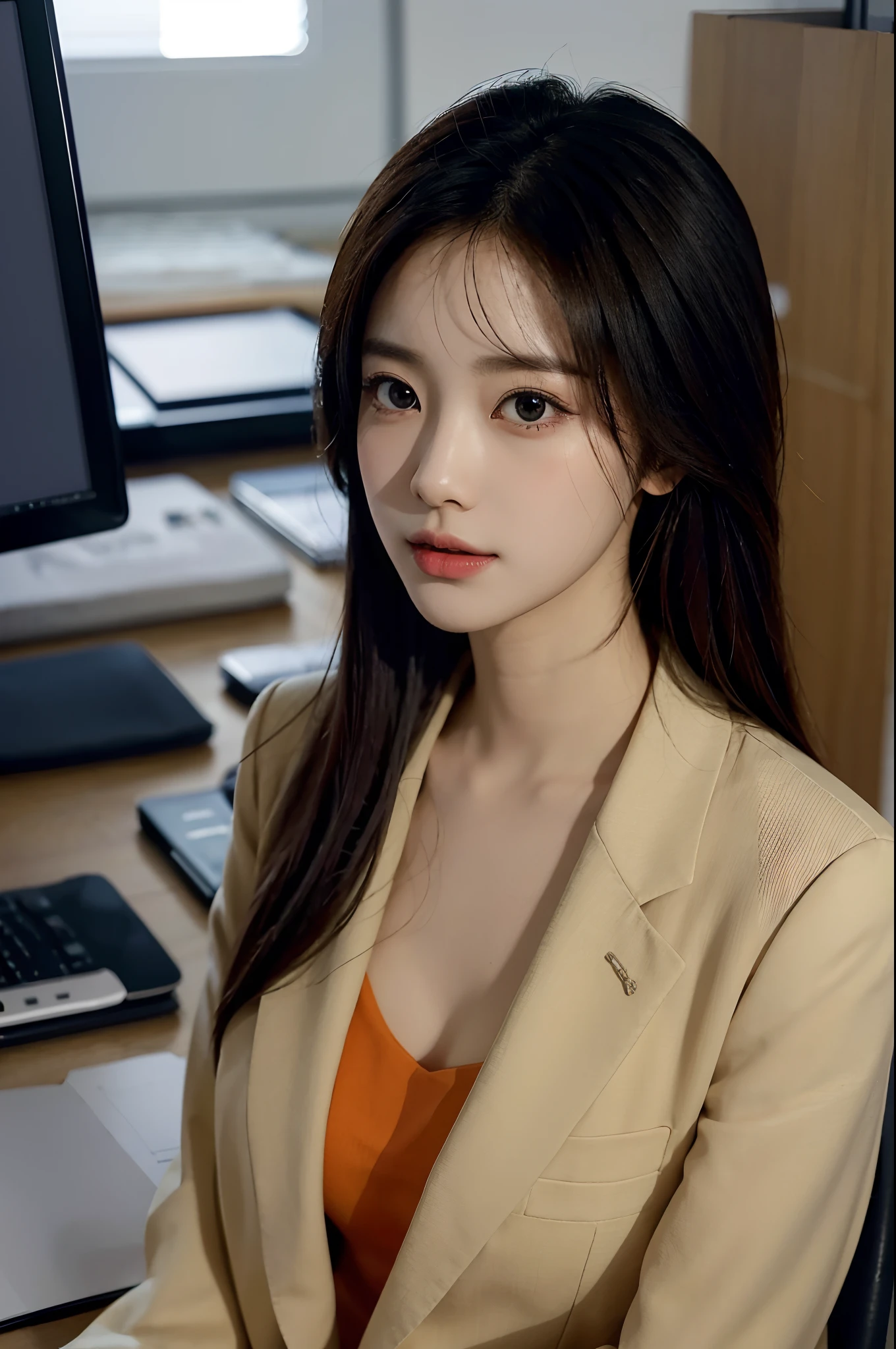 High-res, Realistic portrait of professional korean office lady with perfect skin，Professional suits，Women's suits，stand posture，The upper part of the body，Women in the workplace，Show confidence and maturity, Surrounded by a modern corporate environment, Vibrant and naturally lit highlights. The artwork should emphasize her elegant facial features, Including charming long eyes, Fluttering eyelashes and seductive lips. The scene should be enhanced with elements of professionalism and visual appeal，For example, Stylish work desk, Mainframe computers, High-resolution display, and complex stationery. The overall tone should be warm and professional, Has a soft and natural color palette. The artwork should exude a sense of professionalism, Success, and cultural pride，The background is blurred out