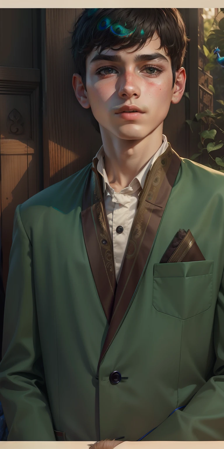 Boy with peacock, ultra realistic, realistic face , realistic photo