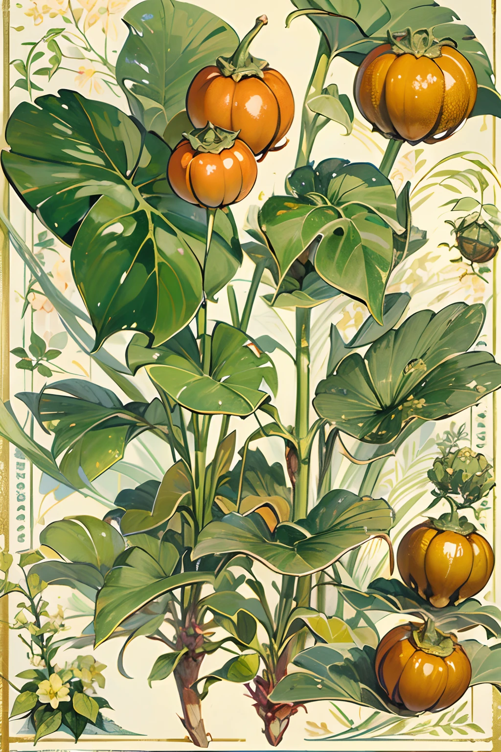 Vintage Victorian style, Precise vintage encyclopedia (best quality:1.2), (detailed:1.2), (masterpiece:1.2), vintage illustrations of physalis, botanical, ((without people)) ((nobody)) physalis plant
