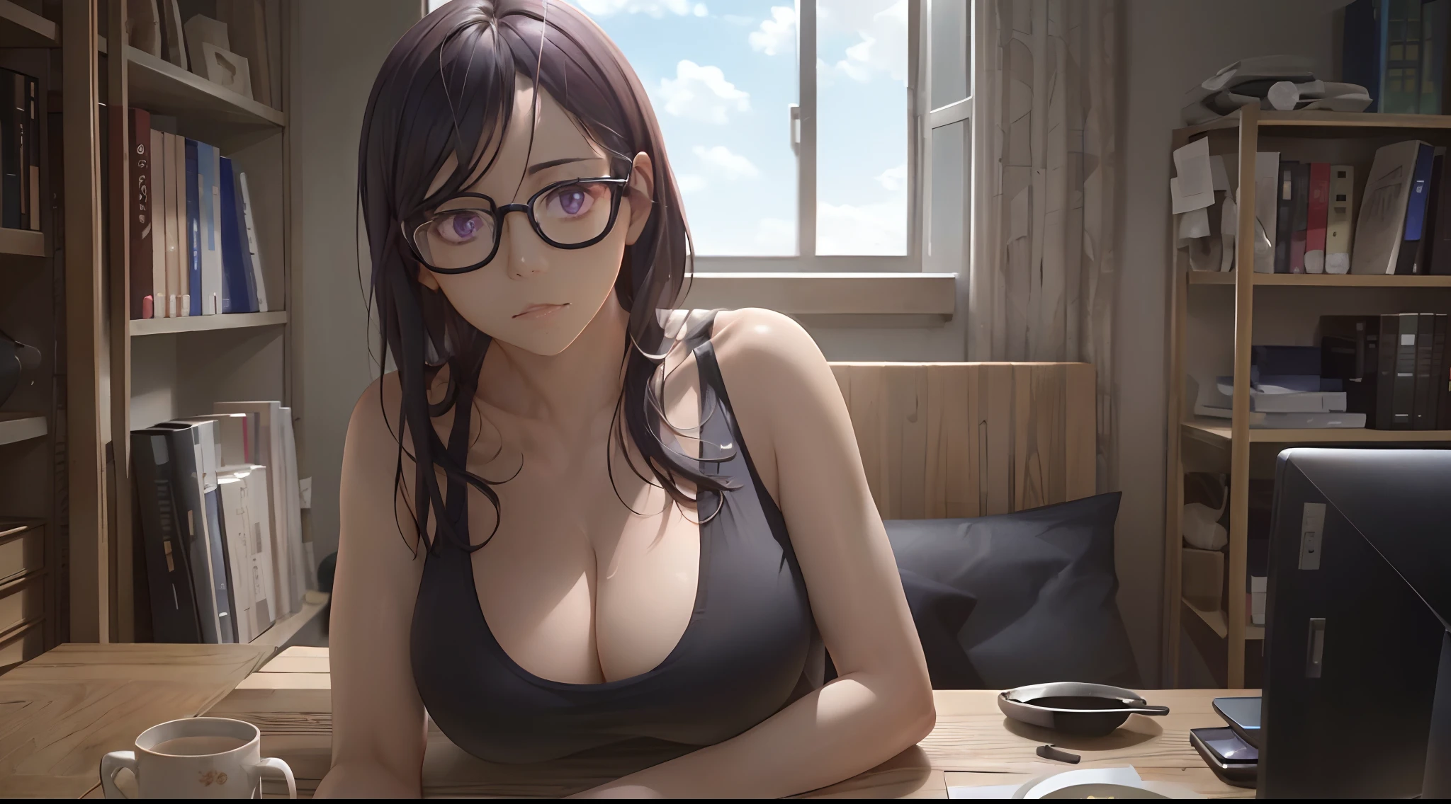((((masutepiece, Best Quality, High resolution)))), extremely detailed 8K, Plump beauty, (Ultra HD, Ultra-detailed, Highly detailed, Highly realistic, Ultra-realistic, photos realistic), (1 female:1.5),  Lustrous hair, (dynamicposes), facing at camera,  ((爆乳,cleavage、(((Seductive smile))))), (Hida,beautifull detailed face、Detailed eyes、Detailed eyes), Tank Tops (sun beam, Sunlight)