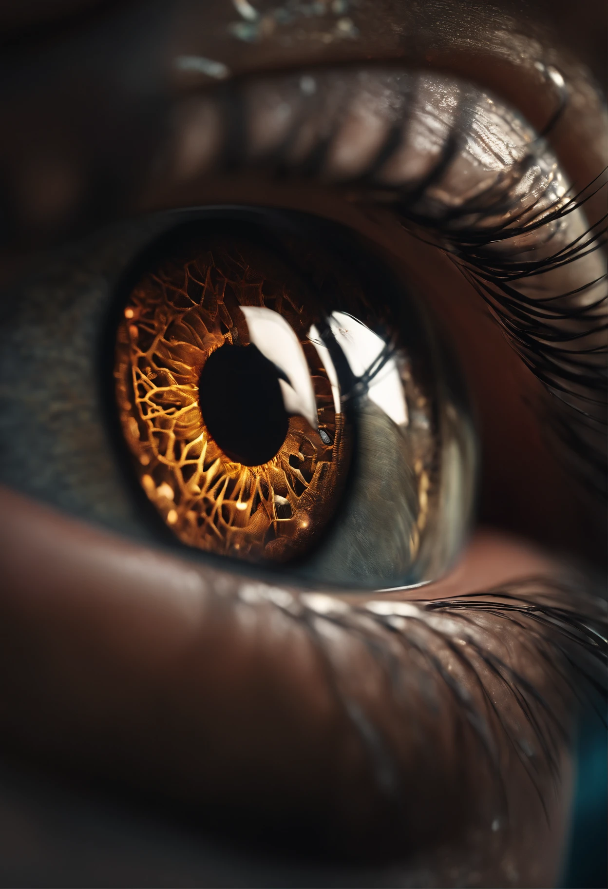 A tilt-shift photorealistic macro view of a beautiful and highly detailed human eye, with every intricate element captured in high resolution. The iris of the eye is crafted from cybernetic elements, reflecting intricate patterns and vibrant colors. Superimpose the eye with colorful stained glass, a perfect blend between the organic beauty of the eye and the cyberpunk world. Octane render delivers exceptional realism, texture, and lighting, bringing a photorealism and a harmonious fusion of natural and cybernetic aesthetics.
