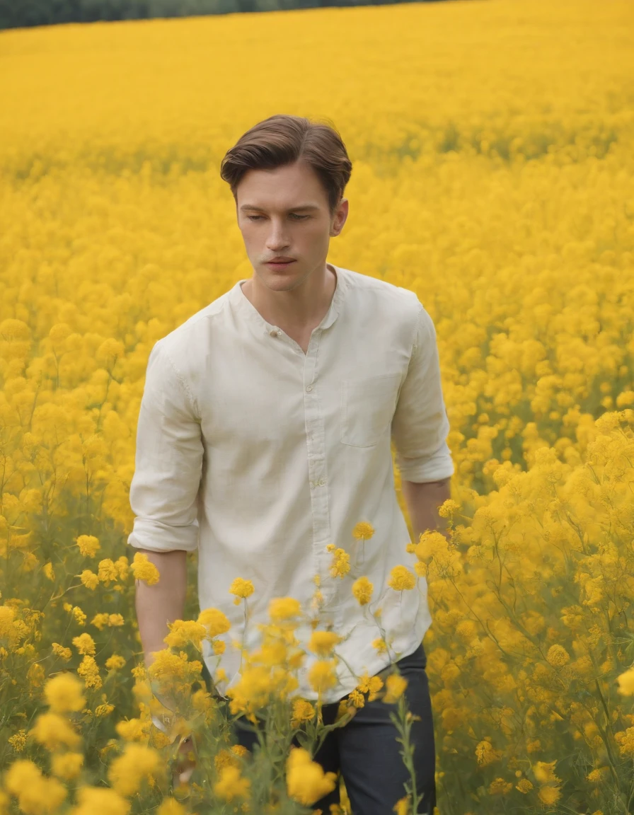 man in field of yellow flowers, in the style of lo-fi aesthetics, candid portraiture, light yellow and green, uniformly staged images, pastoral, bloomcore, close up