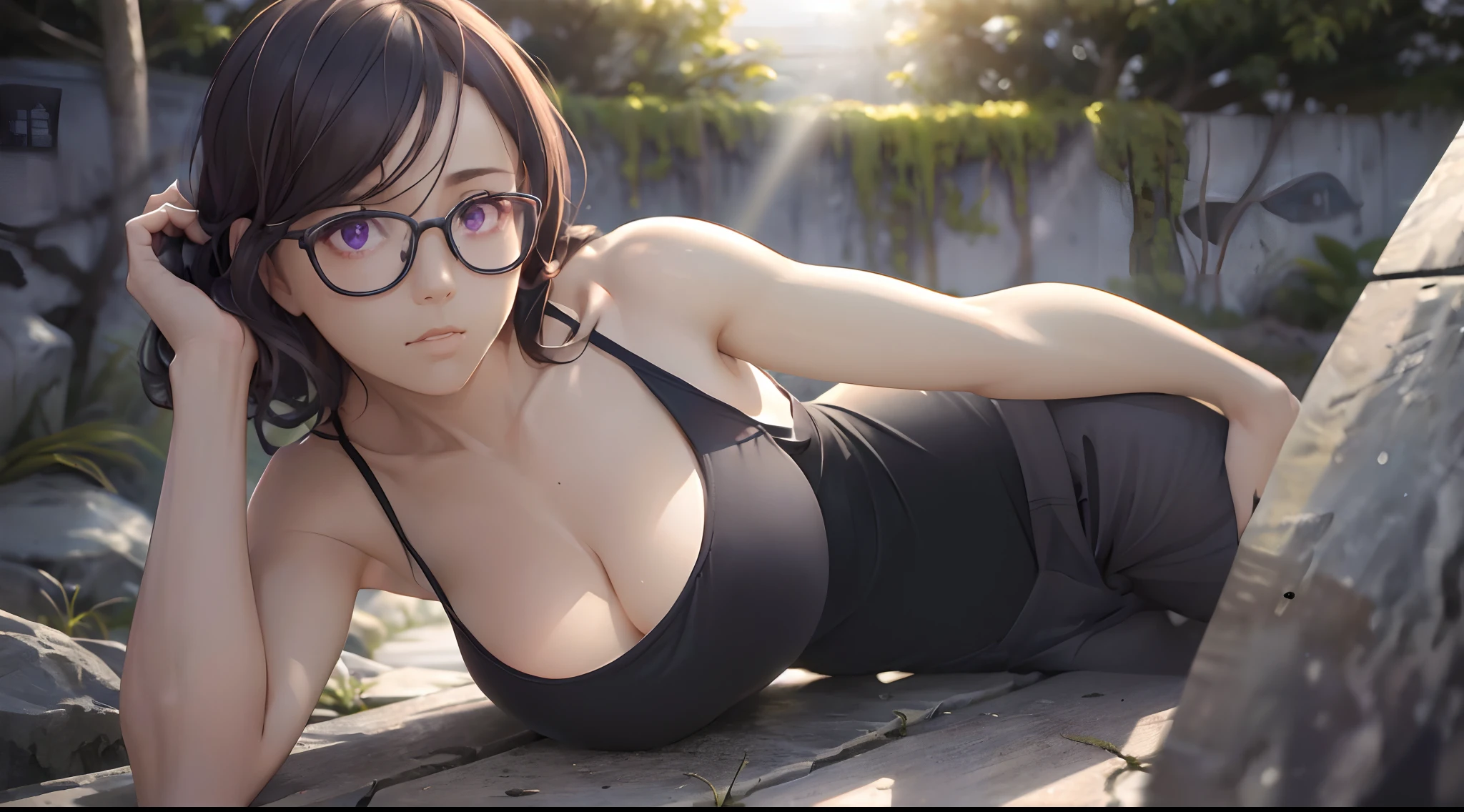 ((((masutepiece, Best Quality, High resolution)))), extremely detailed 8K, Plump beauty, (Ultra HD, Ultra-detailed, Highly detailed, Highly realistic, Ultra-realistic, photos realistic), (1 female:1.5),  Lustrous hair, (dynamicposes), facing at camera,  ((爆乳,cleavage、(((Seductive smile))))), (Hida,beautifull detailed face、Detailed eyes、Detailed eyes), Tank Tops (sun beam, Sunlight)