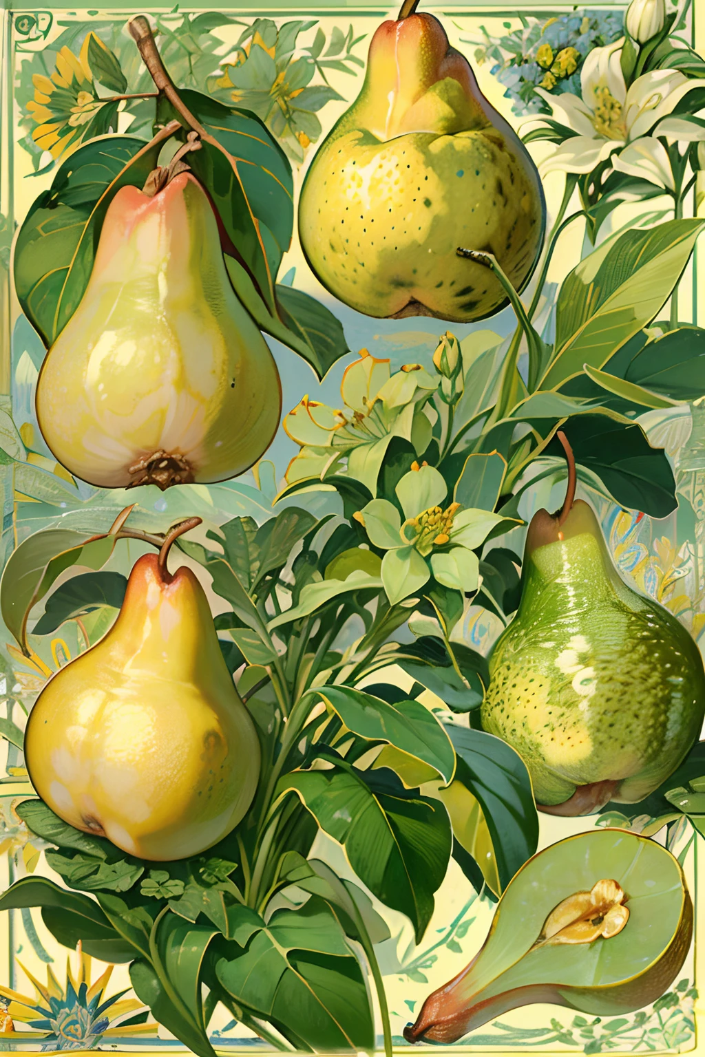 Vintage Victorian style, Precise vintage encyclopedia (best quality:1.2), (detailed:1.2), (masterpiece:1.2), vintage illustrations of pears, botanical, ((without people)) ((nobody)) pear flower, pear leaf