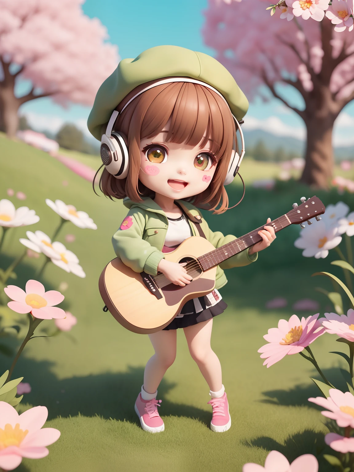 (masterpiece),(best quality),(ultra-detailed), (full body:1.2),
1girl,chibi,cute, smile, open mouth,
flower, outdoors, playing guitar, music, beret, holding guitar, jacket, blush, tree, :3, shirt, short hair, cherry blossoms, green headwear, blurry, brown hair, blush stickers, long sleeves, bangs, headphones, black hair, pink flower,
(beautiful detailed face), (beautiful detailed eyes),