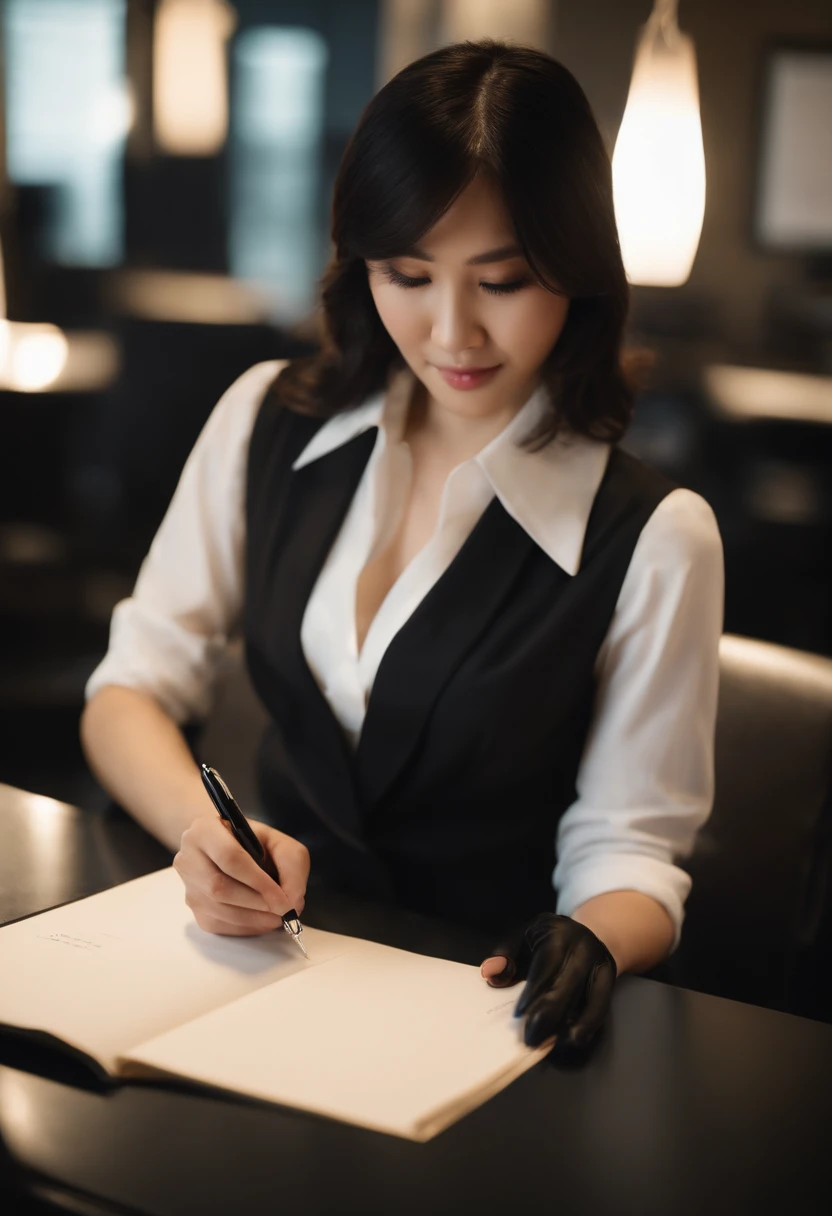 Upper body wearing black leather gloves in both hands, black business suit, facing the desk in the modern study in the dark, looking down, smiling, writing a letter using a fountain pen, long, black hair bundled in the back, young and very cute Japanese female new employee (black leather gloves cover both hands)