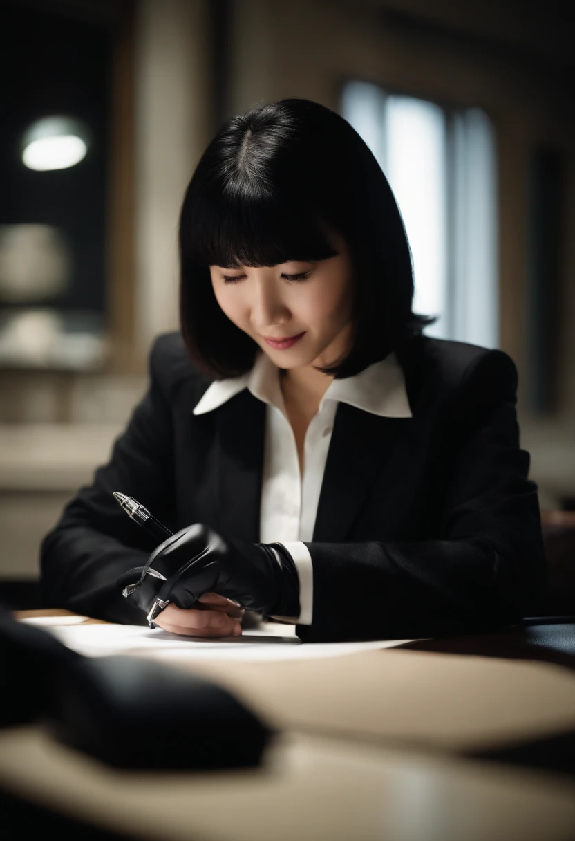 Upper body wearing black leather gloves in both hands, black business suit, facing the desk in the modern study in the dark, looking down, smiling, writing a letter using a fountain pen, long, black hair bundled in the back, young and very cute Japanese female new employee (black leather gloves cover both hands)