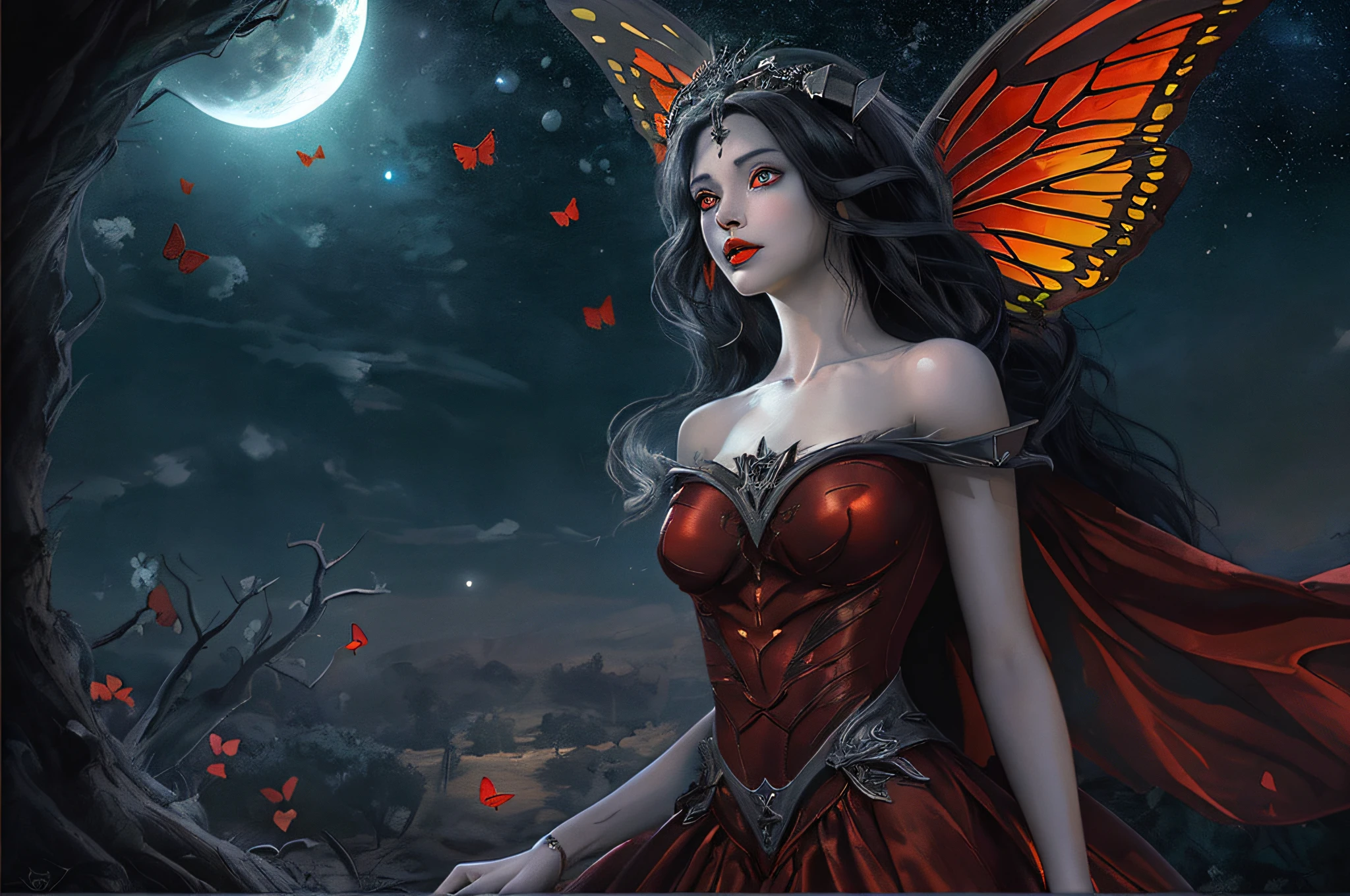 a picture of an exquisite beautiful female fairy standing under the starry night sky at the dark forest, dynamic angle (ultra detailed, Masterpiece, best quality), ultra detailed face (ultra detailed, Masterpiece, best quality), ultra feminine, red skin,  black hair, wavy hair, dynamic eyes color, yellow glowing eyes, intense eyes, red lips, [fangs], wearing white dress, dark elegant style dress (ultra detailed, Masterpiece, best quality), black and red butterfly's wings (ultra detailed, Masterpiece, best quality), wearing high heeled boots, sky full of stars background, moon, best details, best quality, 16K, [ultra detailed], masterpiece, best quality, (ultra detailed), full body, ultra wide shot, photorealism, dark fantasy art, gothic art Larry Elmore style,