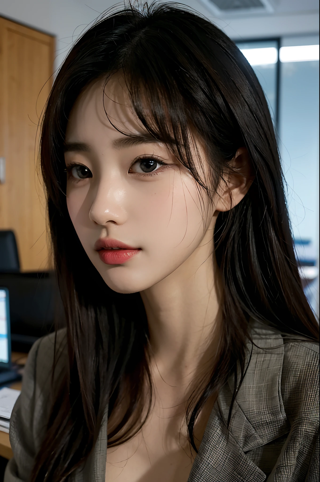 High-res, Realistic portrait of professional korean office lady with perfect skin,Professional suits,Women's suits,stand posture,The upper part of the body,Women in the workplace,Show confidence and maturity, Surrounded by a modern corporate environment, Vibrant and naturally lit highlights. The artwork should emphasize her elegant facial features, Including charming long eyes, Fluttering eyelashes and seductive lips. The scene should be enhanced with elements of professionalism and visual appeal,For example, Stylish work desk, Mainframe computers, High-resolution display, and complex stationery. The overall tone should be warm and professional, Has a soft and natural color palette. The artwork should exude a sense of professionalism, Success, and cultural pride,The background is blurred out