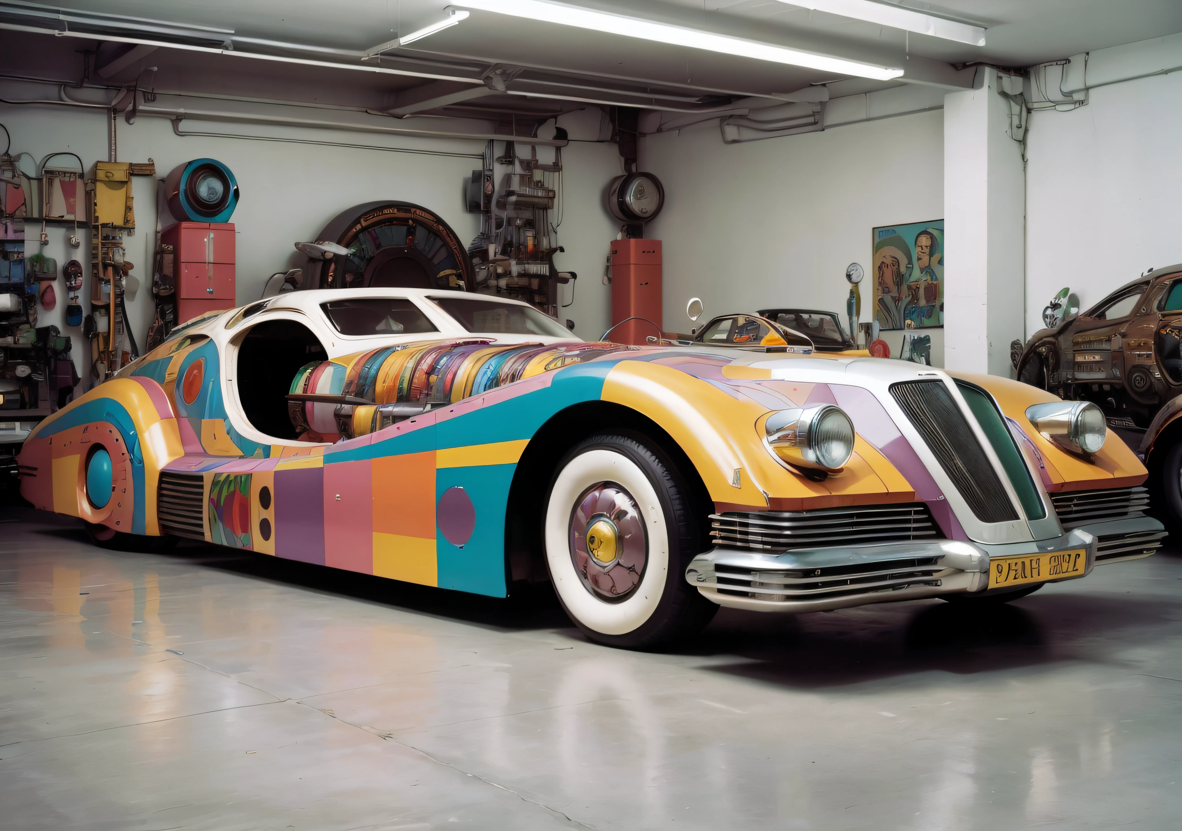 a car with a unique design on the front of it's body and wheels is parked in a garage, Eduardo Paolozzi, fantastically gaudy, an art deco sculpture, retrofuturism, cyberpunk