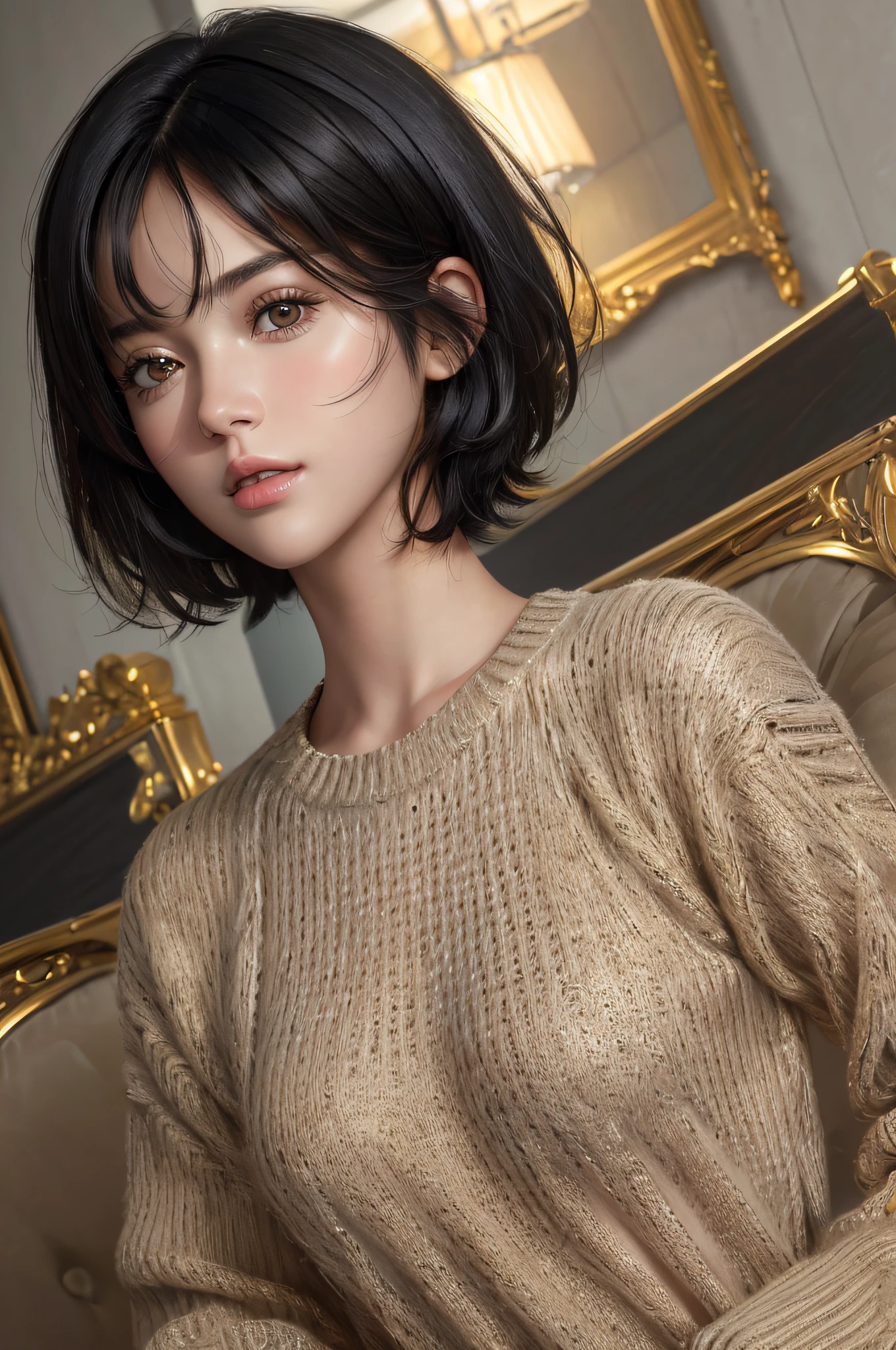 (masterpiece:1.3), (8k, Realistic, RAW Photos, highest quality: 1.4), (One girl), Beautiful Face, (Realistic Face), (Black Hair, short hair:1.3), Beautiful hairstyle, Realistic eyes, Beautiful fine details, (Realistic Skin), Beautiful Skin, (sweater), Absurd, Charm, Ultra-high resolution, Ultra-realistic, Very detailed, Golden Ratio