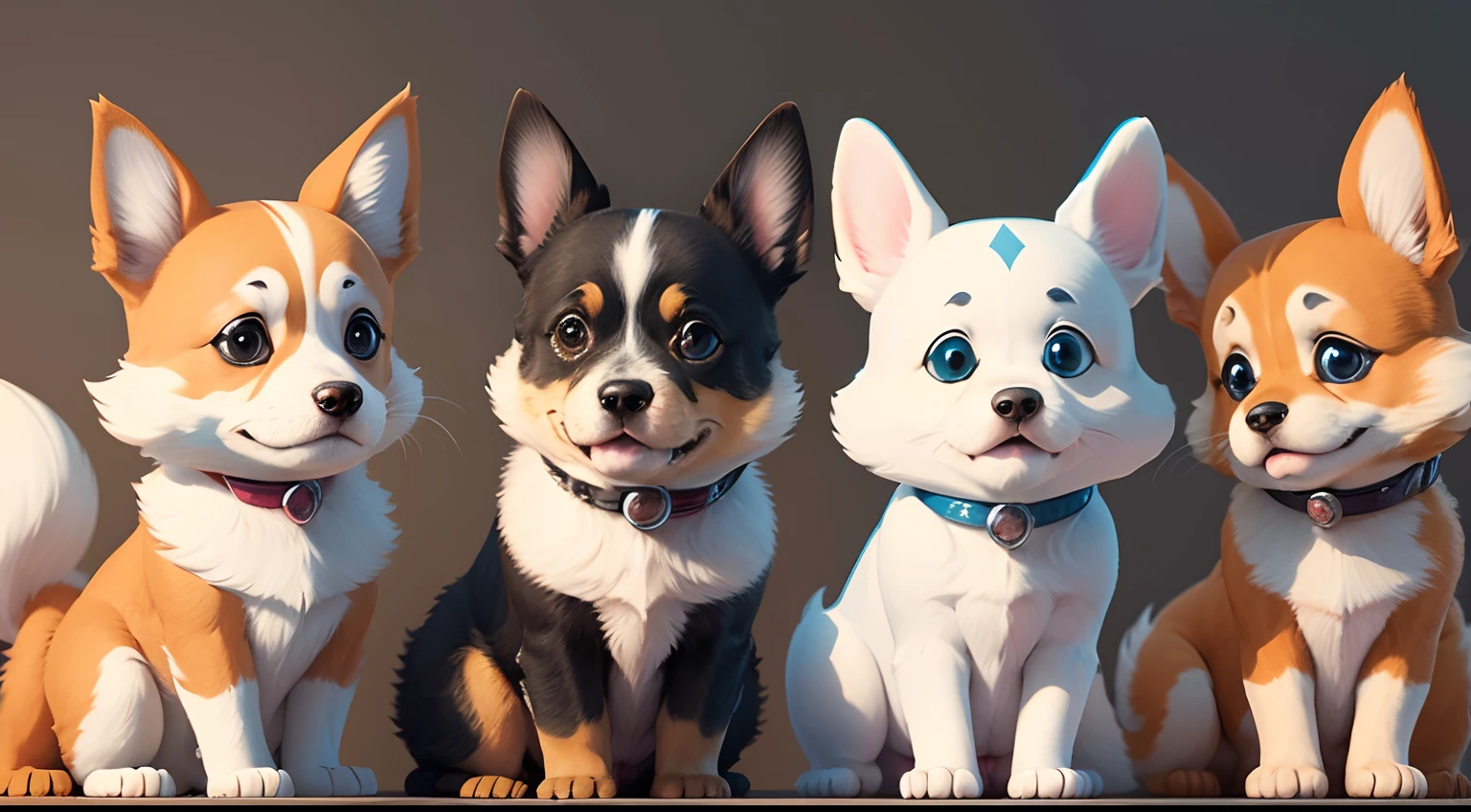 A group of cartoon cute dogs looking at the camera