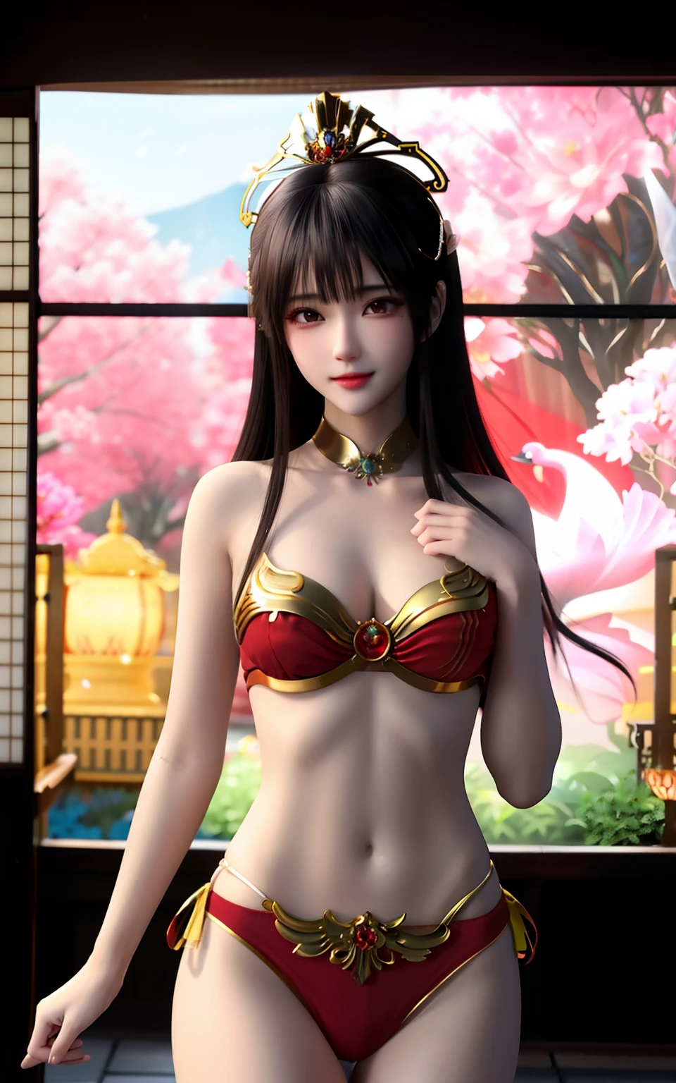 red bikinis,Silk material,ellegance,Unique charm,Graceful posture,Sexy lines,exquisite design,high-necked,fitted cut,Slender neck,As graceful as a swan,red colour,Warm and auspicious,Gold pattern,Gorgeous and luxurious,Golden decoration,Bright colors,Thin gold belt,Slim waist,Feminine beauty,Comely,Flowers with buds to be placed,Seduce the heart,Playful,Traditional charm,Modern fashion,Classical erotic appeal,Admiration and admiration,beautiful and seductive anime woman, seductive anime girls, Beautiful anime woman, Beautiful anime girl, Anime goddess, Guviz, a beautiful fantasy empress, ((a beautiful fantasy empress)), attractive anime girls, Guviz-style artwork, Smooth anime CG art, Japanese goddess,Close-up, bust chart