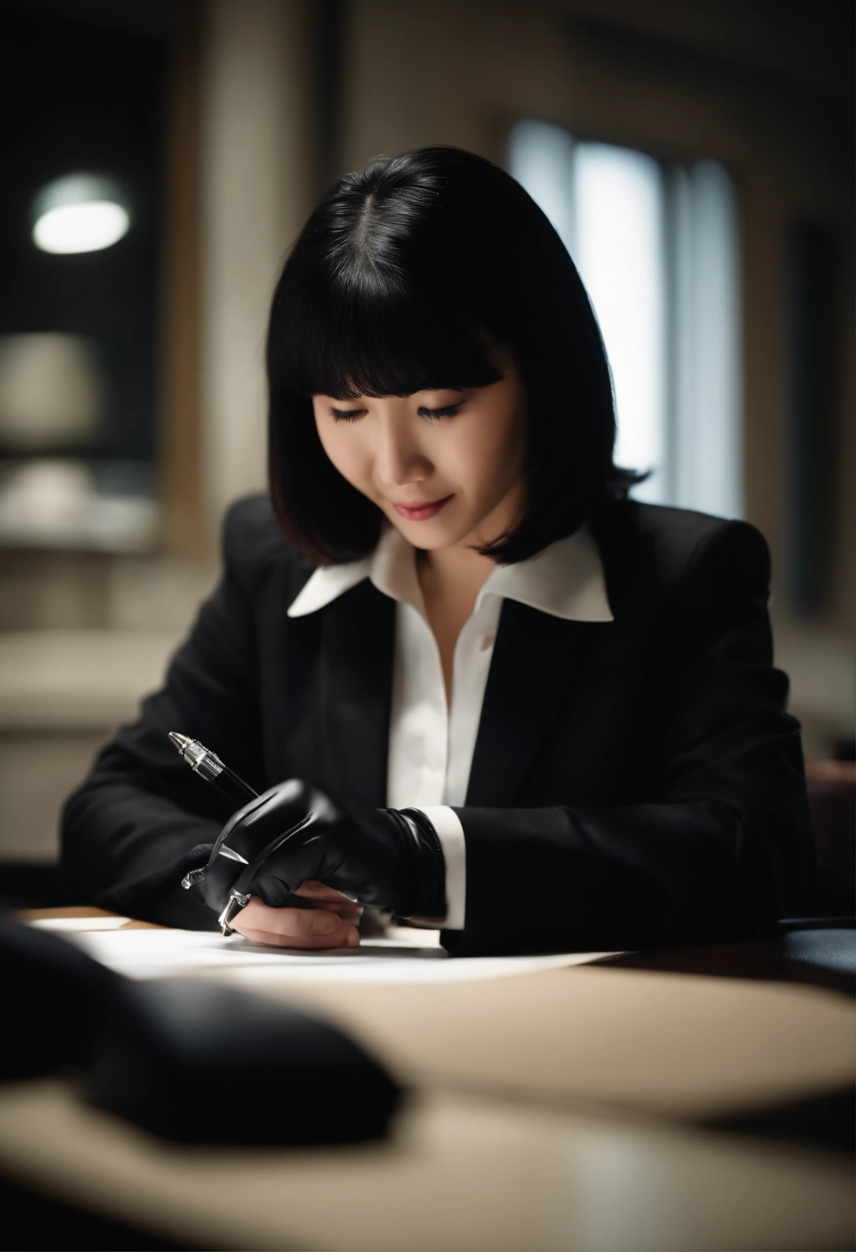 Upper body wearing black leather gloves in both hands, black business suit, facing the desk in the modern study in the dark, looking down, smiling, writing a letter using a fountain pen, long, black hair bundled in the back, young and very cute Japanese female new employee (black leather gloves cover both hands)