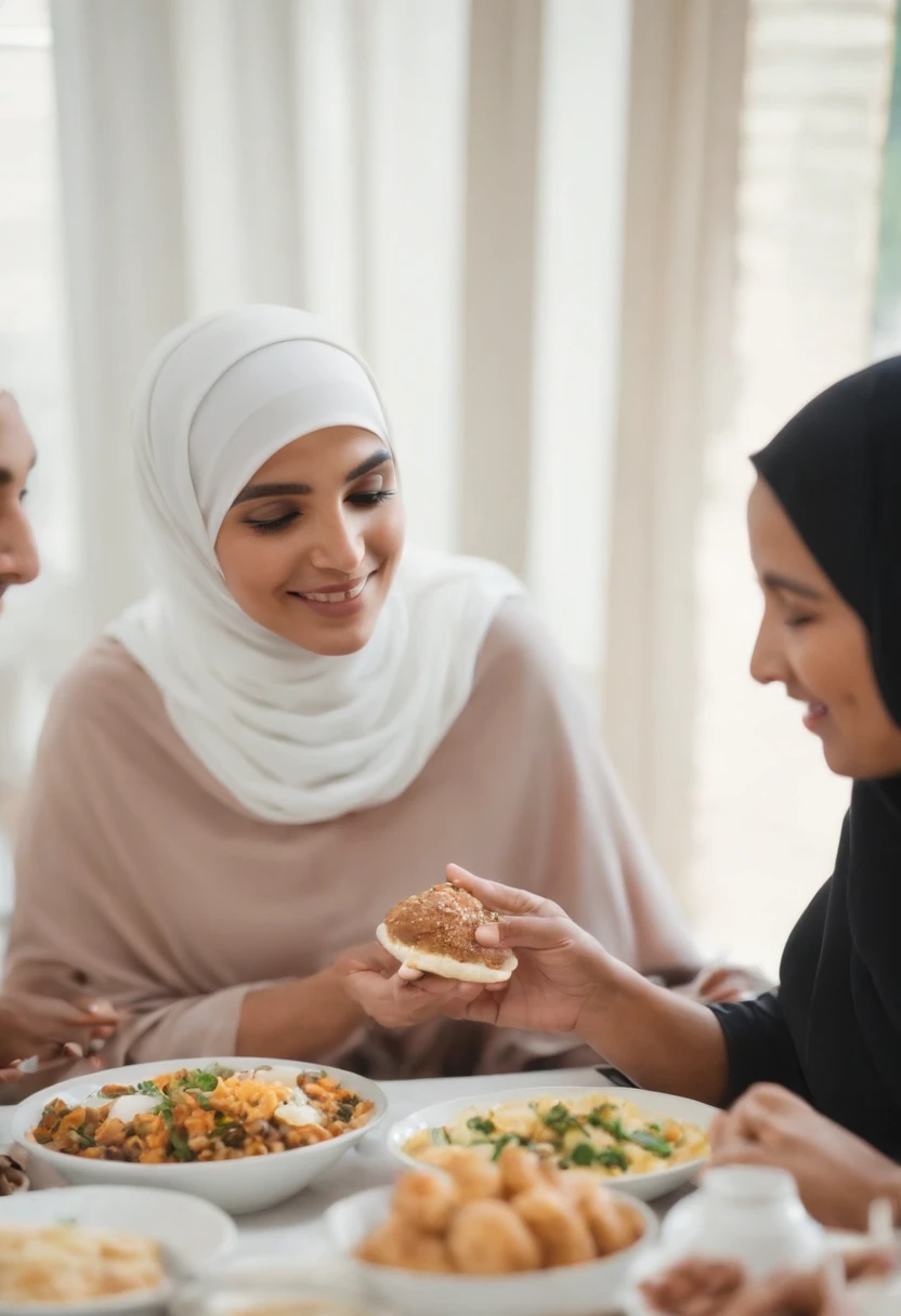 Capture a closeup and heartwarming moment of a family, including a Hijabi woman, gathered in close quarters, enjoying a meal together. The unsaid connection and family bonds are palpable in this closeup.