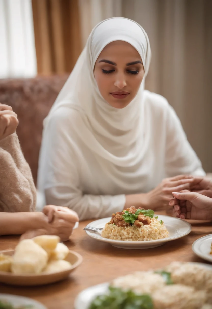 Capture a closeup and heartwarming moment of a family, including a Hijabi woman, gathered in close quarters, enjoying a meal together. The unsaid connection and family bonds are palpable in this closeup.