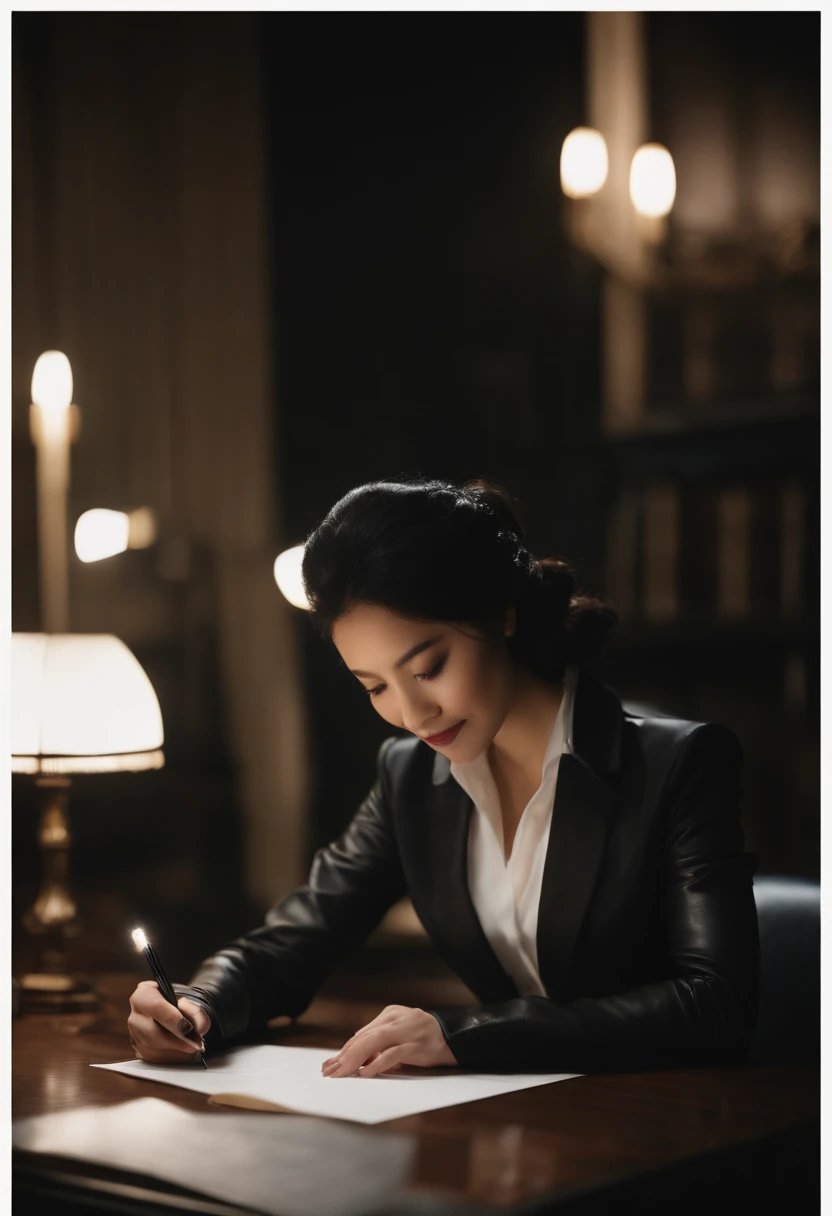 Upper body wearing black leather gloves in both hands, black business suit, facing the desk in the modern study in the dark, looking down, smiling, writing a letter using a fountain pen, long, black hair bundled in the back, young and very cute Japanese female new employee (black leather gloves cover both hands)