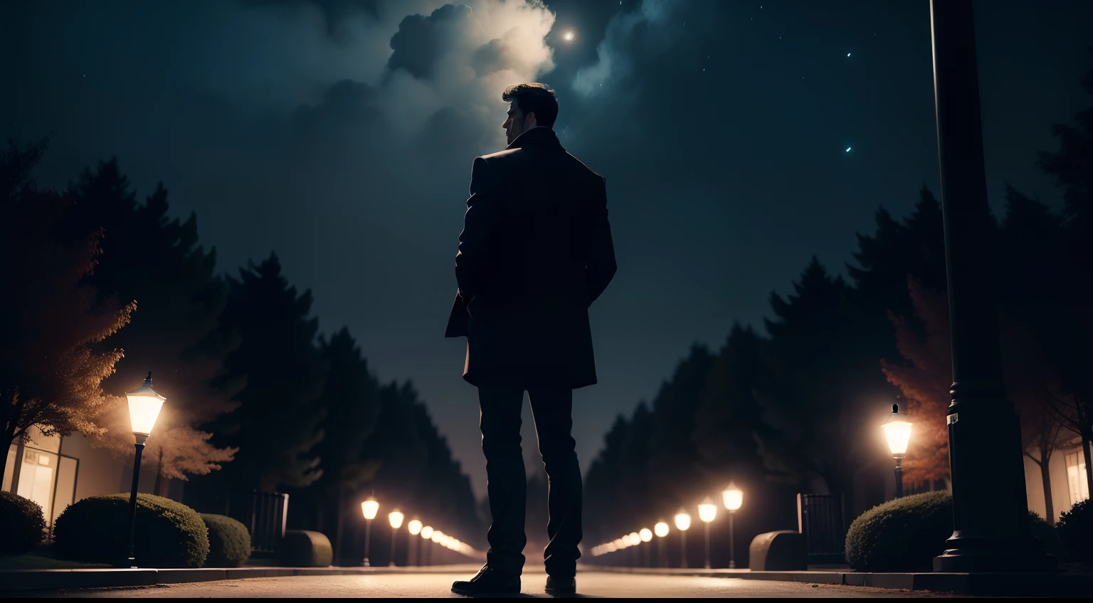 The man stood up in a park in night.