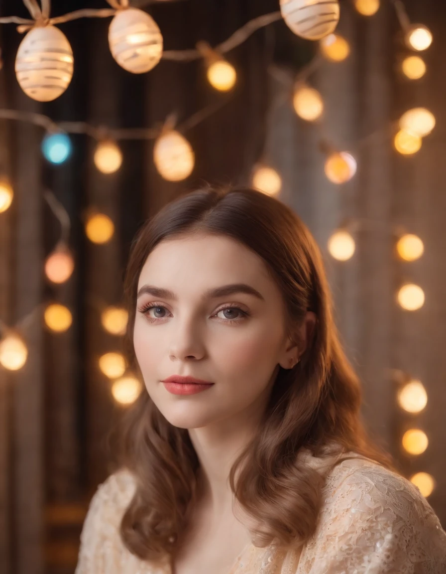 Girl dressed in retro style, Easter photo with Easter eggs behind her, colored lights, lights in the background, bokeh style, semi-long shot, high quality photo, (close-up)