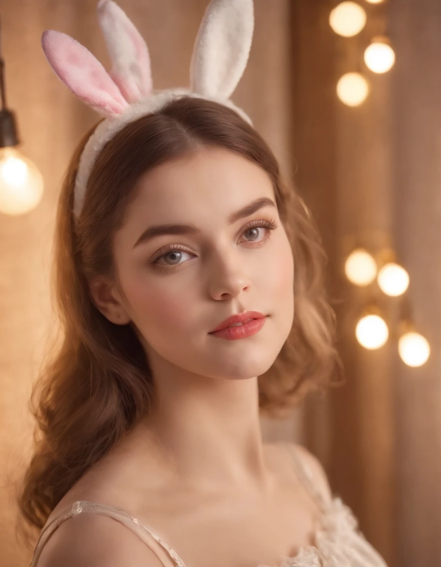 Girl dressed in retro style, Easter photo with Easter eggs behind her, colored lights, lights in the background, bokeh style, semi-long shot, high quality photo, (close-up)