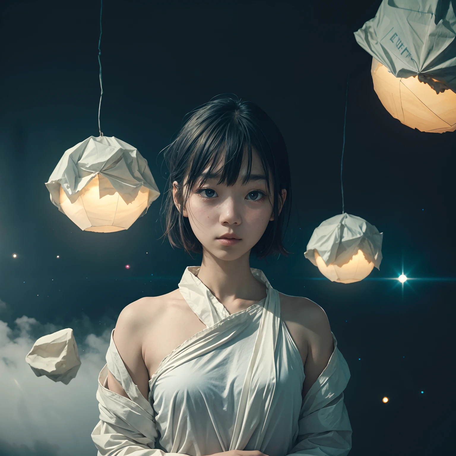 Beautiful girl covered with crumpled paper ,Upper body,Outer space,DryRocks Environment,Interstellar,surrealism,Dreamy dim sunlight. minimalism,Skysky,amplitude,Faint accent lights,Film grain,Foggy and foggy atmosphere,