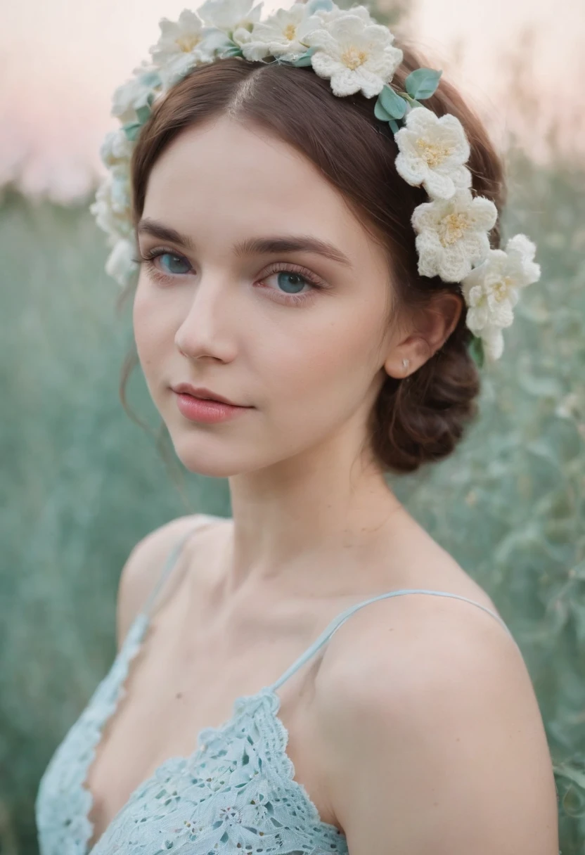 menina fada, wearing a crochet top, crochet top, fofo,  blue, aesthetic, pastel, cores pastel, cropped, flores, borboletas, fairycore, goblincore, fada, elfo