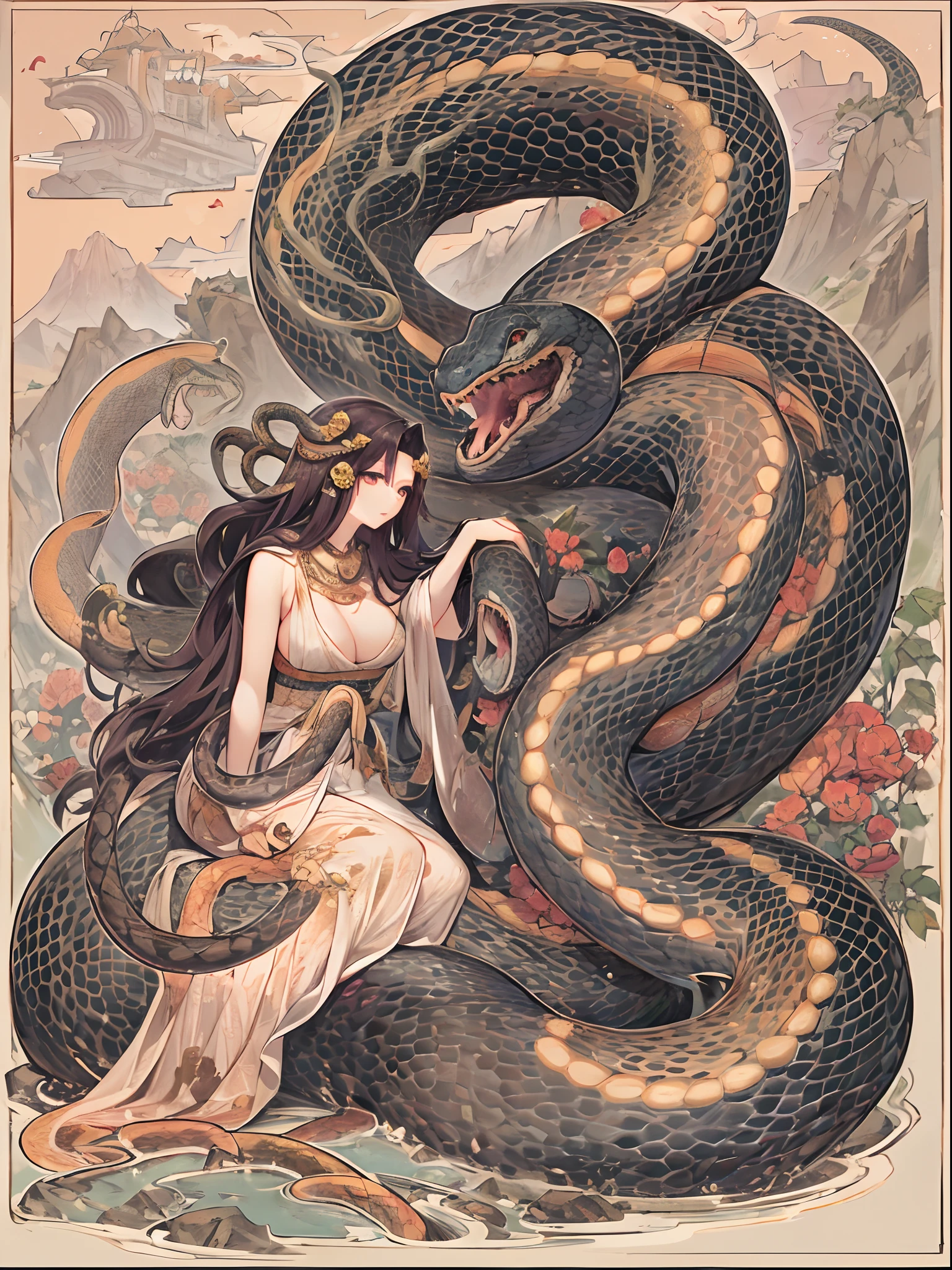 This monster lives deep in the mountain. It has a large, Body of a snake, long tail of a snake, upper body of a beautiful woman, lamia, medusa, snake woman.、