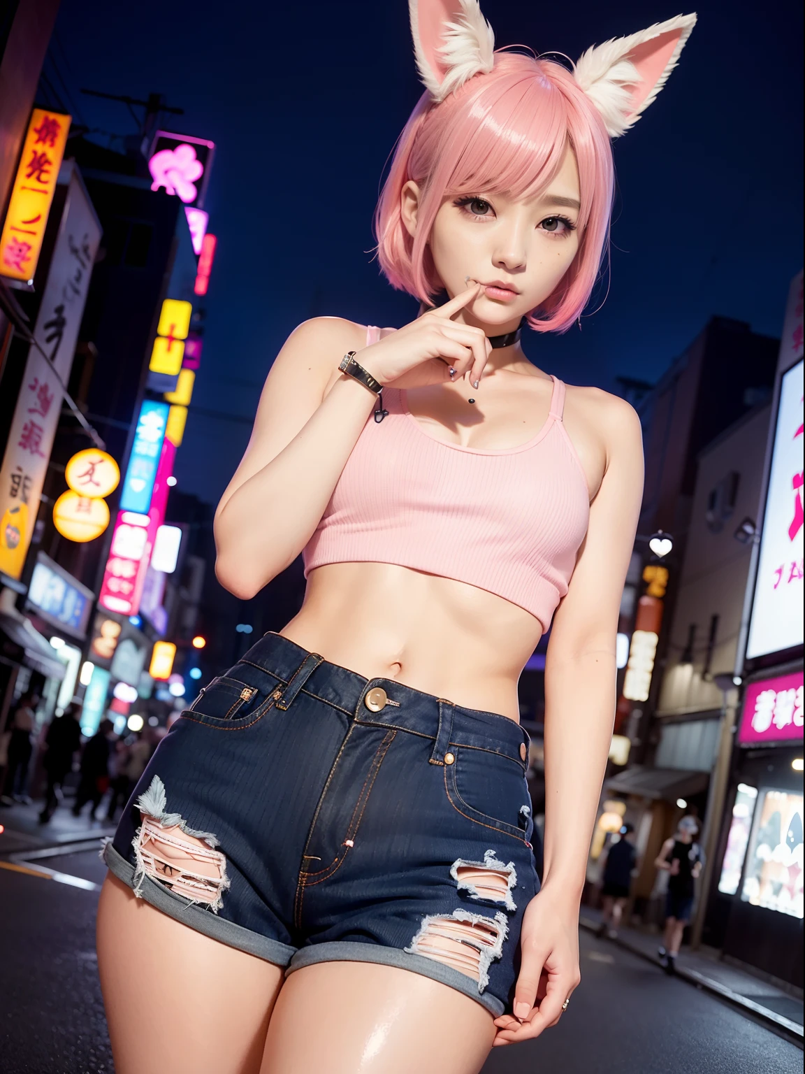 Back alleys in Tokyo、Night city、Neon Street、Sportsbra、Jeans shorts、Pink hair、Realistic rabbit ears、rabbit ears pink hair sticking out of the head,,,,,,,,,、smil、Bewitching atmosphere、Beautiful shaped hands、K-POP、Pink rabbit ears、1 girl in、独奏、​masterpiece、top-quality、realisitic、Hyper-detailing、(Glossy skin:1.4)、absurderes、short pink hair、Slender beauties、动态照明、hight resolution、foco nítido、depth of fields、(thick thight:1.0)、A slender :1.2、small tits:1.5、((Short-cut bob hair))、((k pop:1.3))、Highly detailed facial and skin texture、((魅惑的))、Anatomically correct number of fingers、Correct anatomy、Angle from below