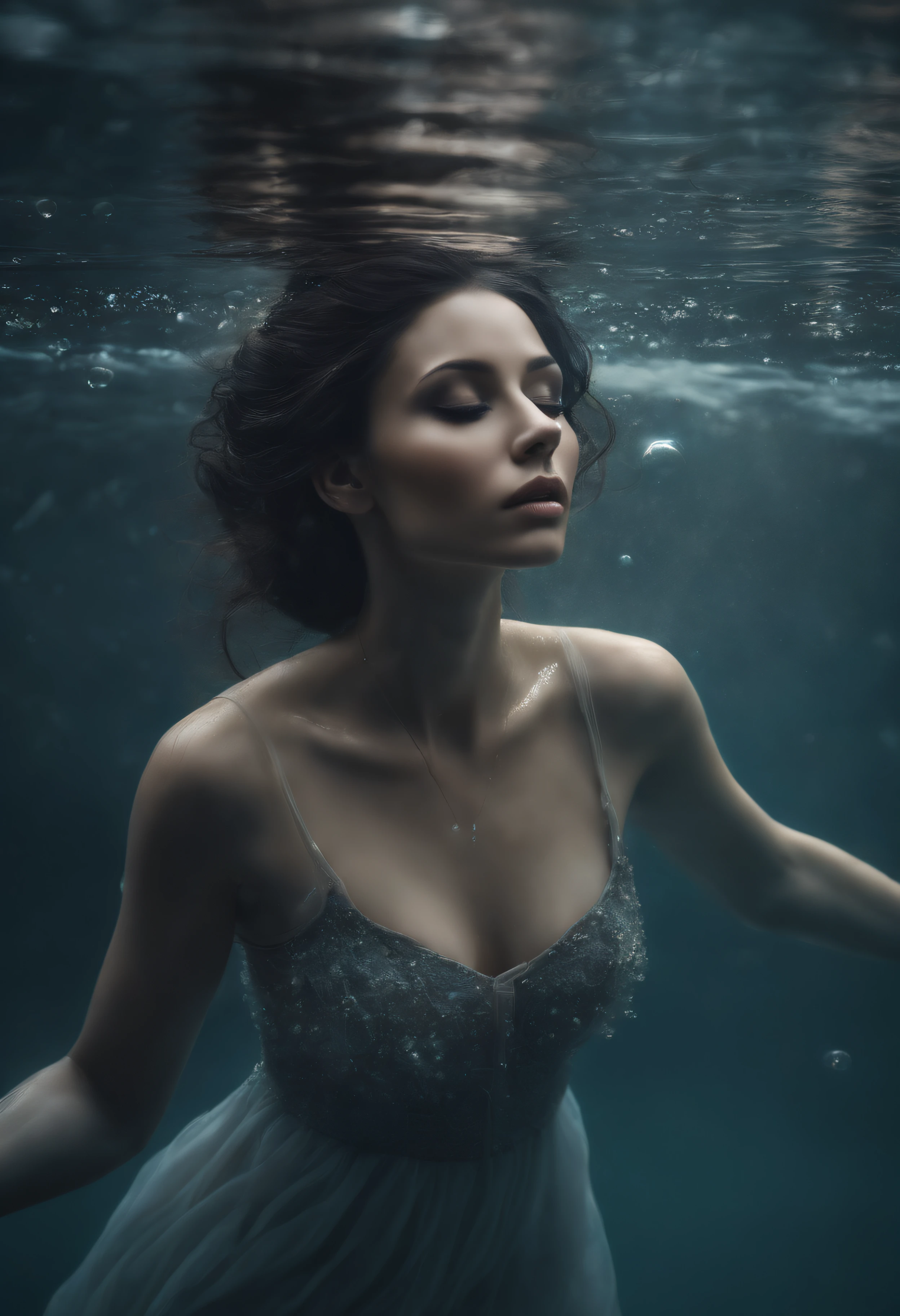 (best quality,ultra-detailed,realistic:1.37),portrait,dark fantasy,gray skin,eyes closed,emerging from water,dreamy atmosphere,mysterious aura,water bubbles,vapor,unreal atmosphere,ethereal,subtle lighting,fine details,drenched in water,wet hair,tranquil expression,underwater,serene,misty,submerged in tranquility,sublime beauty,subtle colors,soft focus,graceful,submerged in dreams,unearthly elegance,quiet reflection,otherworldly,magical transformation