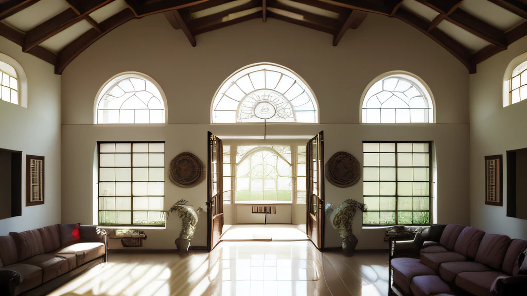 hight resolution、Modern large hall with high glass ceiling、２Corridor across floors、Multiple sofas、Bright sunlight from the front window、Sky Cloister、Looking up
